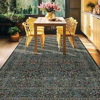 Dining Room Rugs for Under Table - 6x9 Washable Dark Green Oriental Area Rug for Living Room, Low Pile Non-Slip Floor Carpet for Bedroom - Vintage Design & Stain Resistance (6x9 Dark Green)