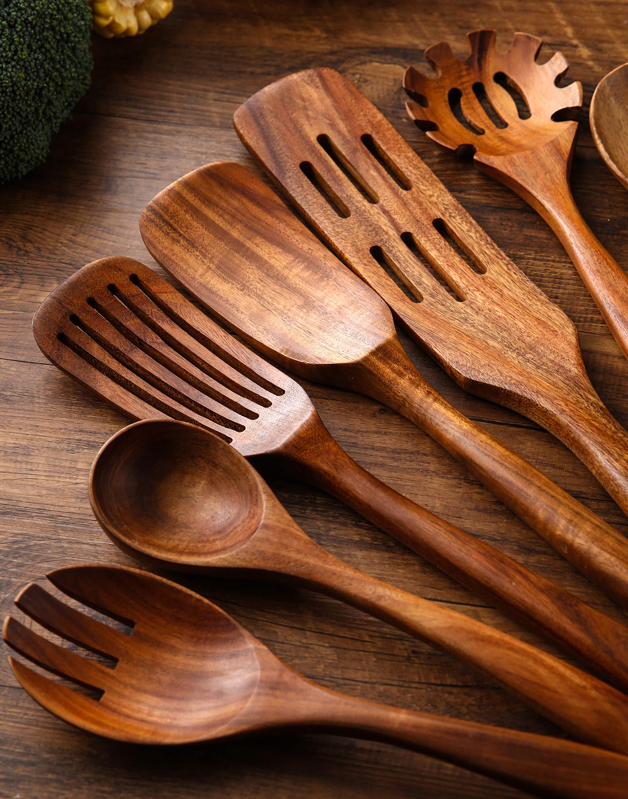 Ensemble d'ustensiles de cuisine 11 pièces en bois de teck avec cuillères, spatules et spurtles antiadhésifs