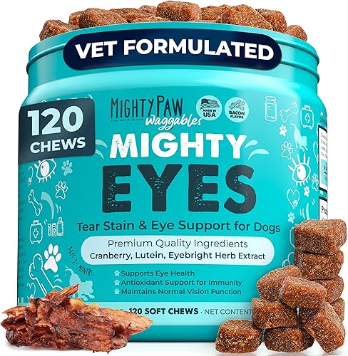 Mighty Paw Waggables Eyes (fabricado en Estados Unidos)  Masticables para manchas de lágrimas para perros. Suplementos de apoyo para la visión y las