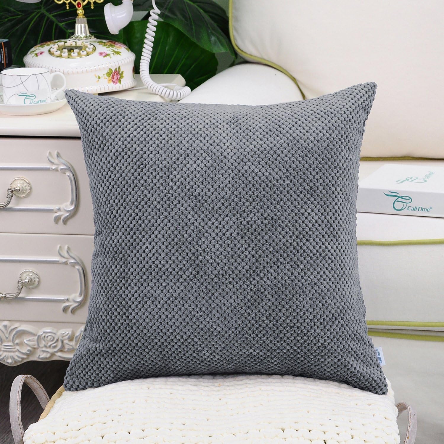 CaliTime Pack of 2 Comfy Throw Pillow Covers Cases for Couch Sofa Bed Comfortable Soft Solid Corduroy Pineapple Trellis Both Sides 18 X 18 Inches Medium Grey