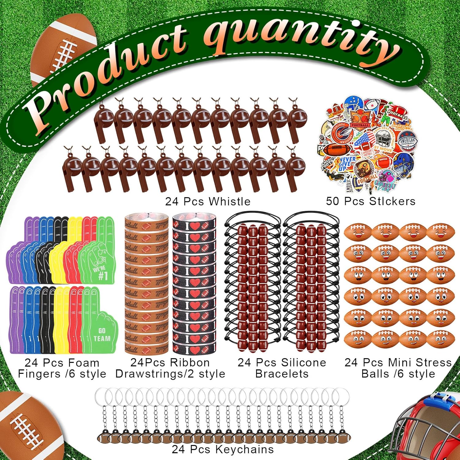 Maxdot 194 Pcs Football Party Favors 24 Set Football Goodie Foam Finger Mini Face StressBall Keychain Bracelet Wristband Whistle Sticker for Kids Birthday Party Supplies Gift