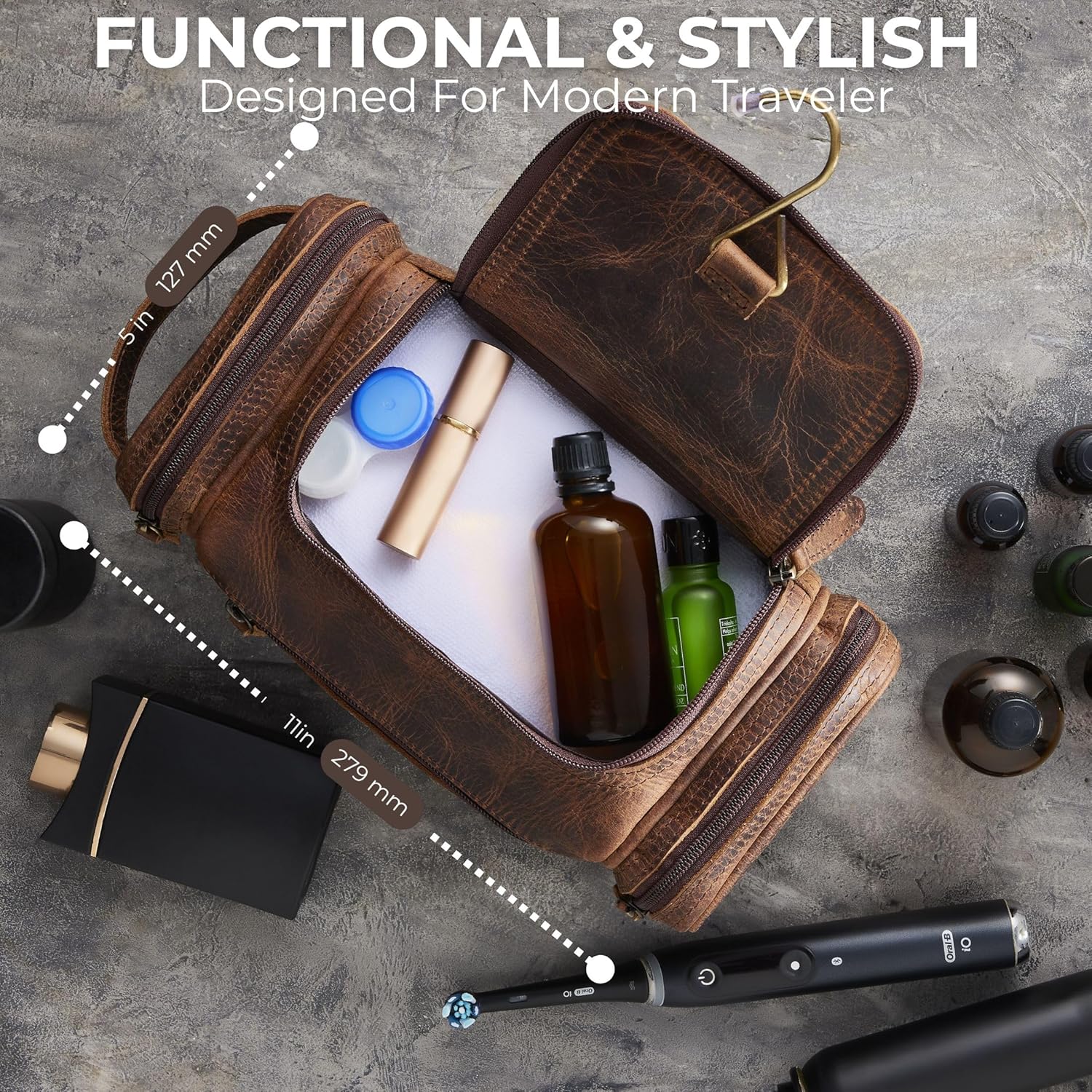 NomadCraftsCo. Medium Sized Hanging Leather Toiletry Bag for Men Women - Premium Men's Travel Bag, Dopp Kit, Leather Pouch, Mens Toiletry Bag for Travel