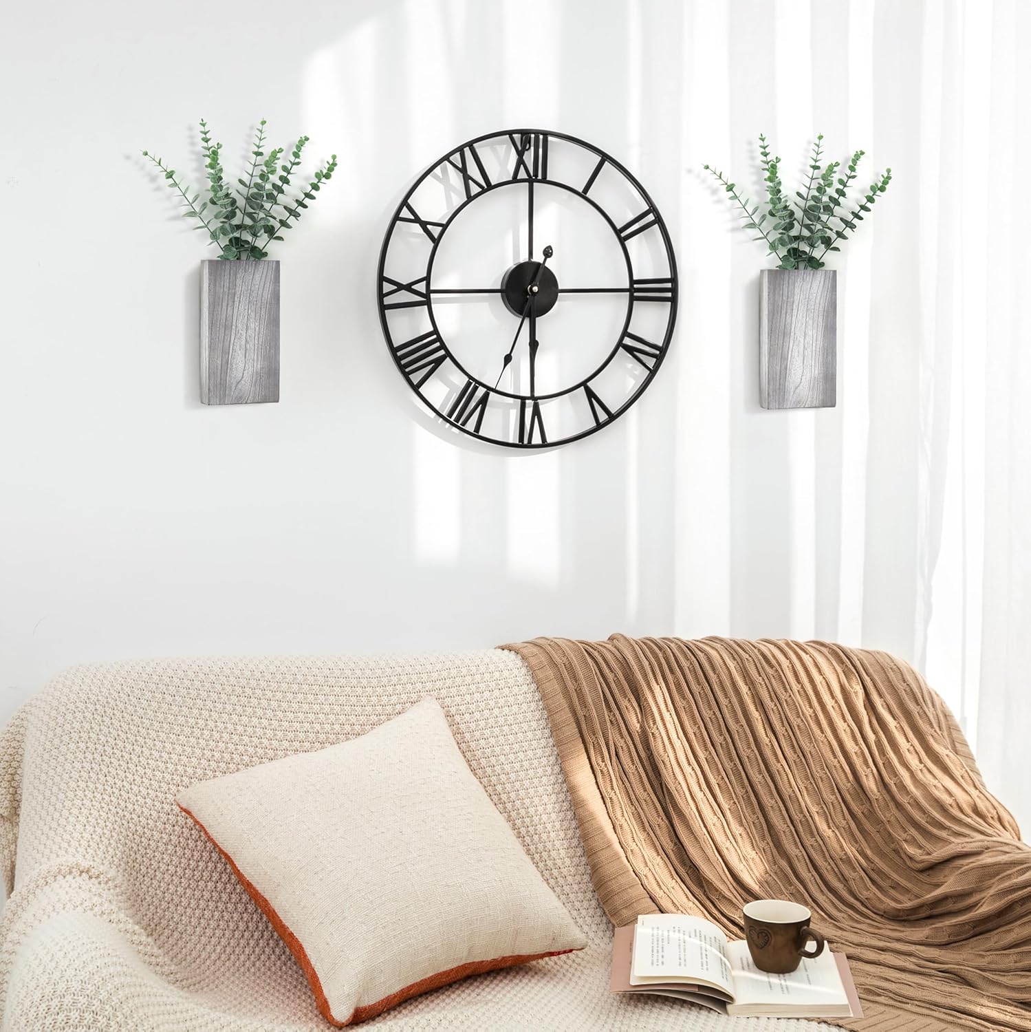 dahey 2 pack wood wall planter vase with artificial eucalyptus farmhouse wall hanging decor pocket planter for indoor fake plants greenery, living room bedroom kitchen home office decoration, grey gray medium