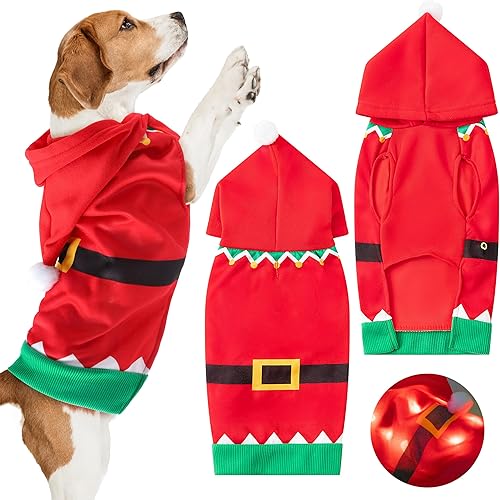 H1vojoxo Conjunto de disfraces de Navidad para perros y gatos con luces LED, ropa de Navidad para mascotas con sombrero, disfraz de Papá Noel,