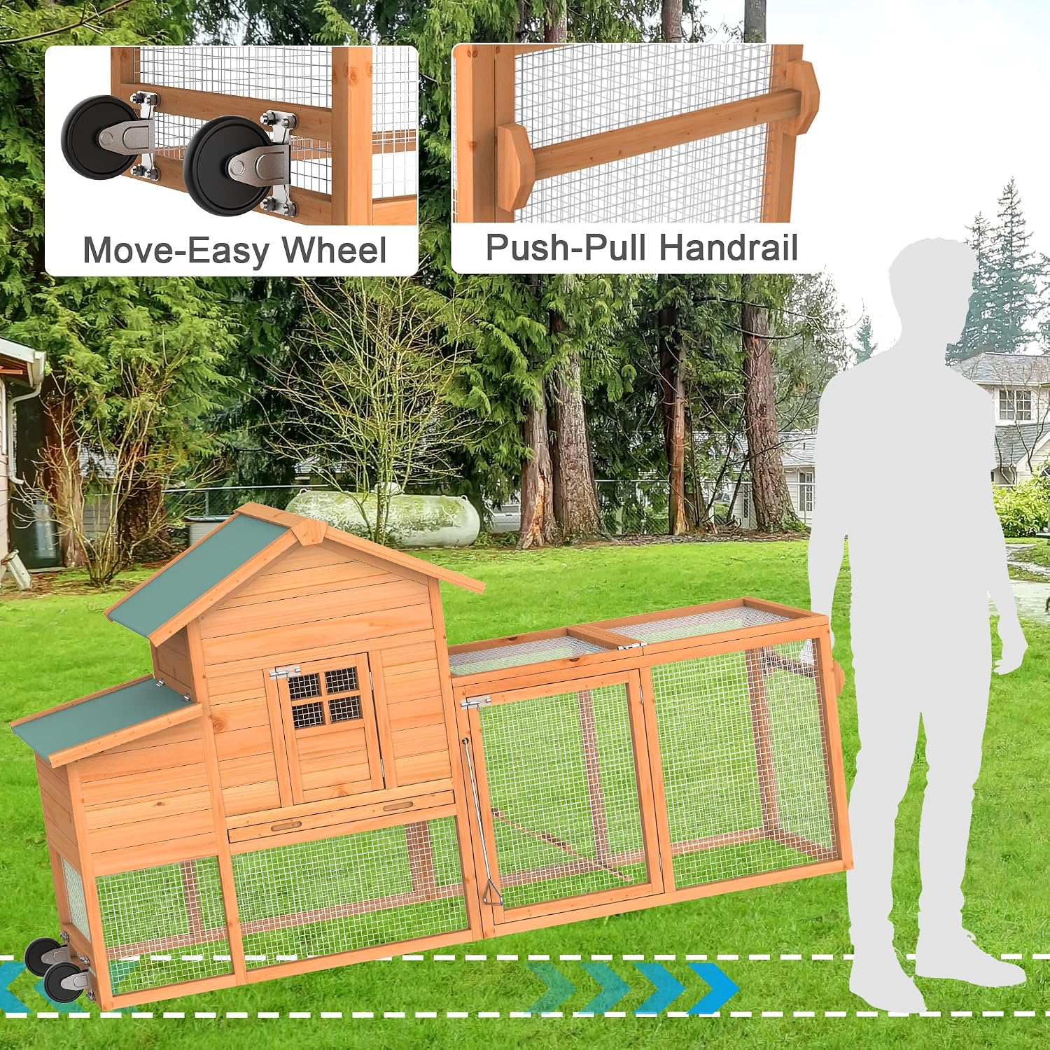 Chicken Coop, 80” Mobile Poultry Cage w/Wheels & Handrail, Waterproof Wooden Hen House w/Removable Tray & Nesting Box, Extra Activity Area Run Cage for Small Animals Backyard
