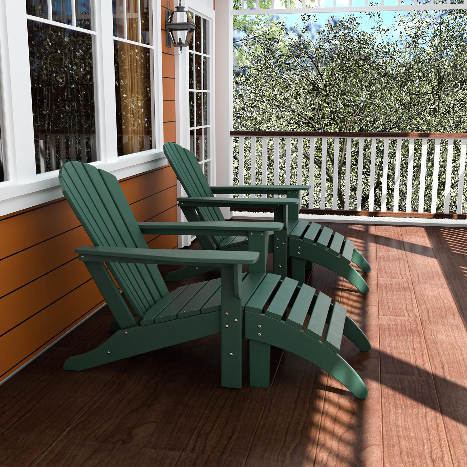 WO Home Furniture 2pcs HDPE Outdoor Adirondack Chairs with 2pcs Footrest Ottoman Set, All Weather and UV Resistant for Patio, Balcony, Backyard, Garden, Porch, Dark Green