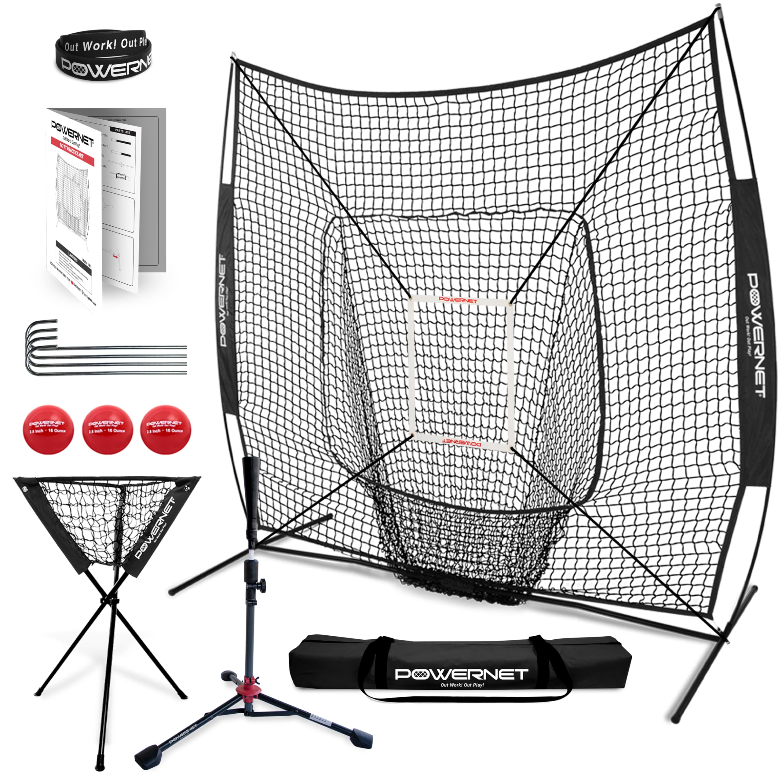 PowerNet Baseball Softball Practice Net 7x7 with Baseball Accessories for Practice Pitching, Batting & Fielding, Ball Caddy, Weighted Baseballs, Tee