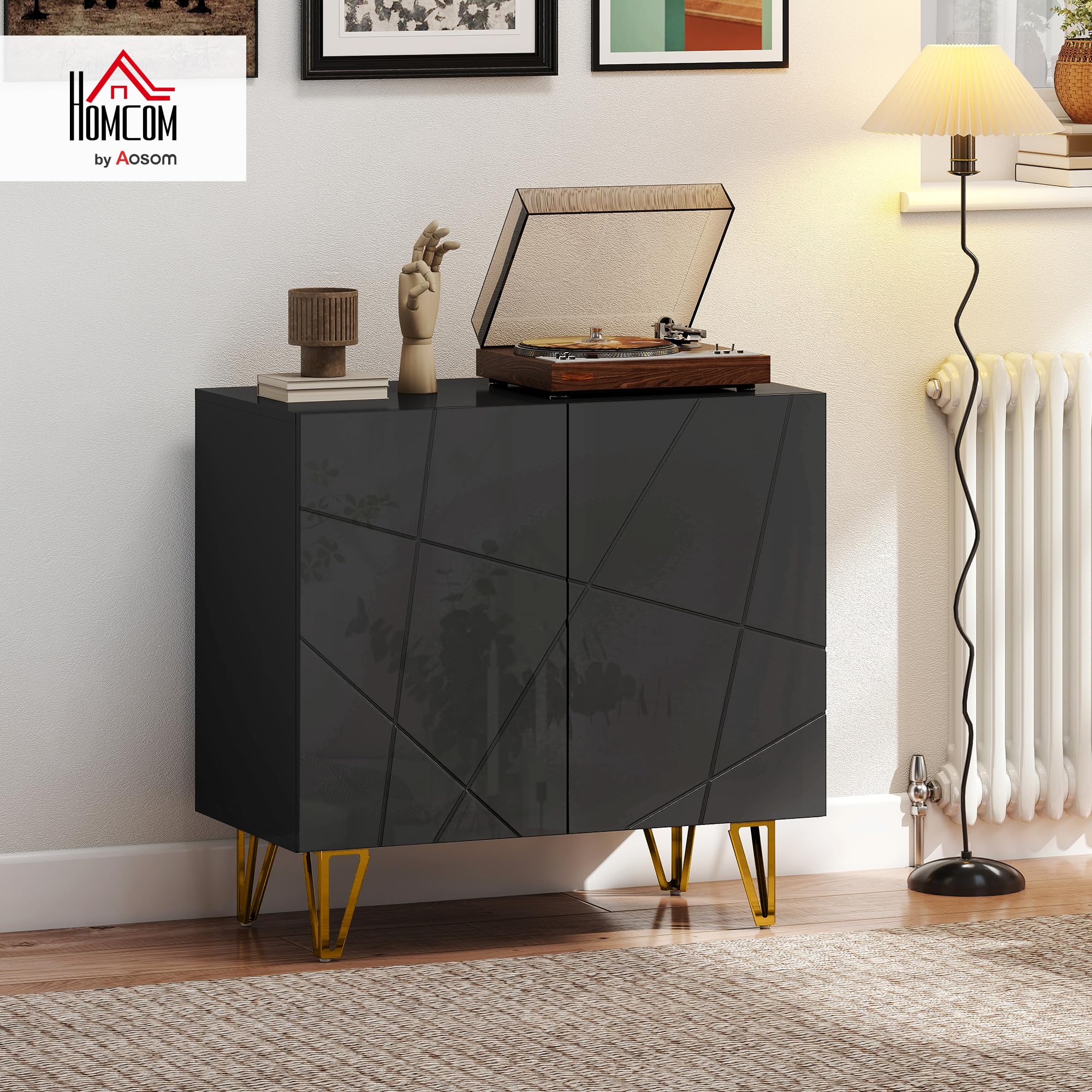HOMCOM Armario, aparador Alto Brillo, Estante Ajustable, Negro