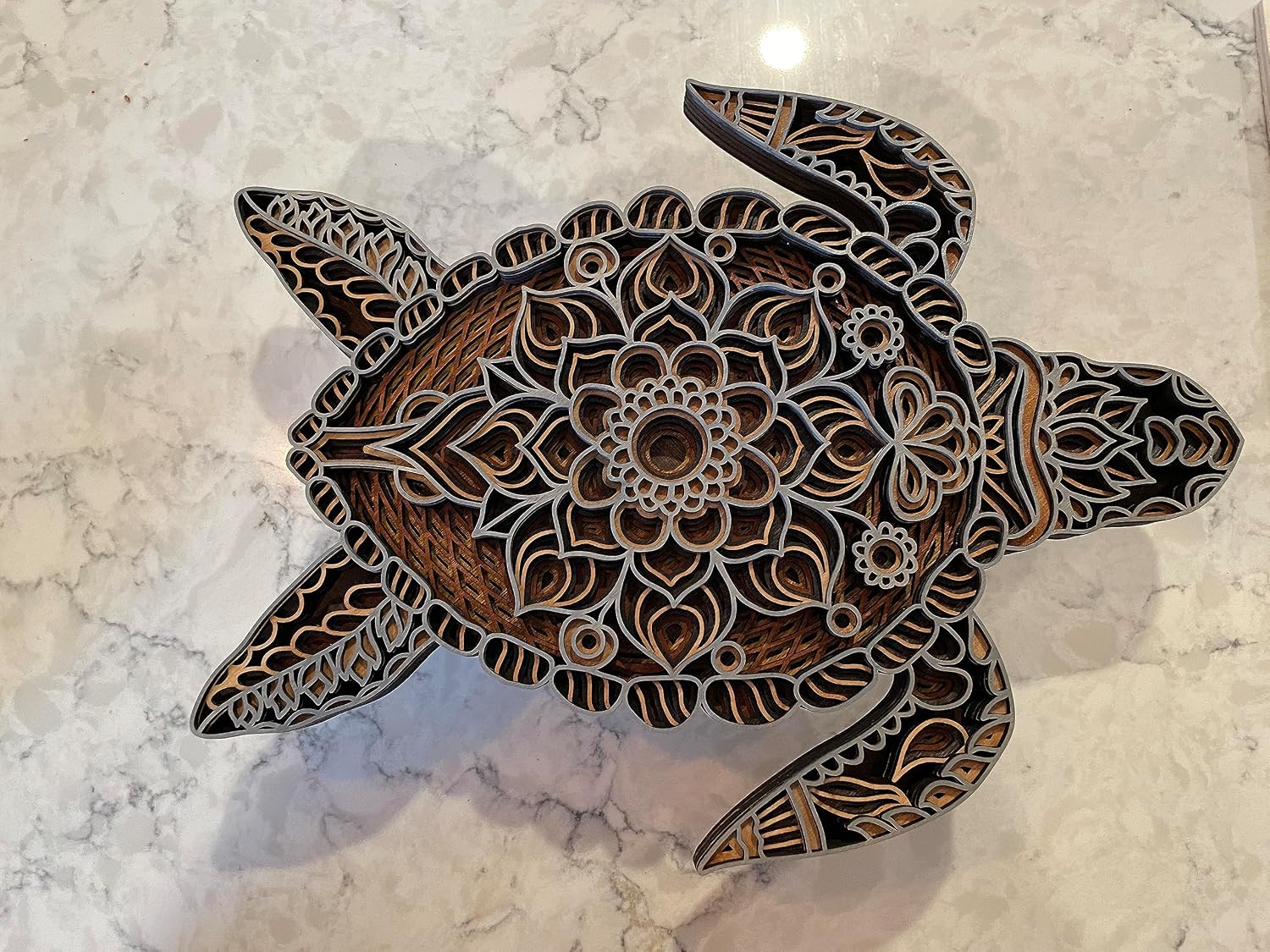 Stained Wood 6-Layer Turtle Mandala - Laser Cut, 12" x 9" - Breathtaking Beach Home Decor - Natural Wood Color Unique Layers - Customization
