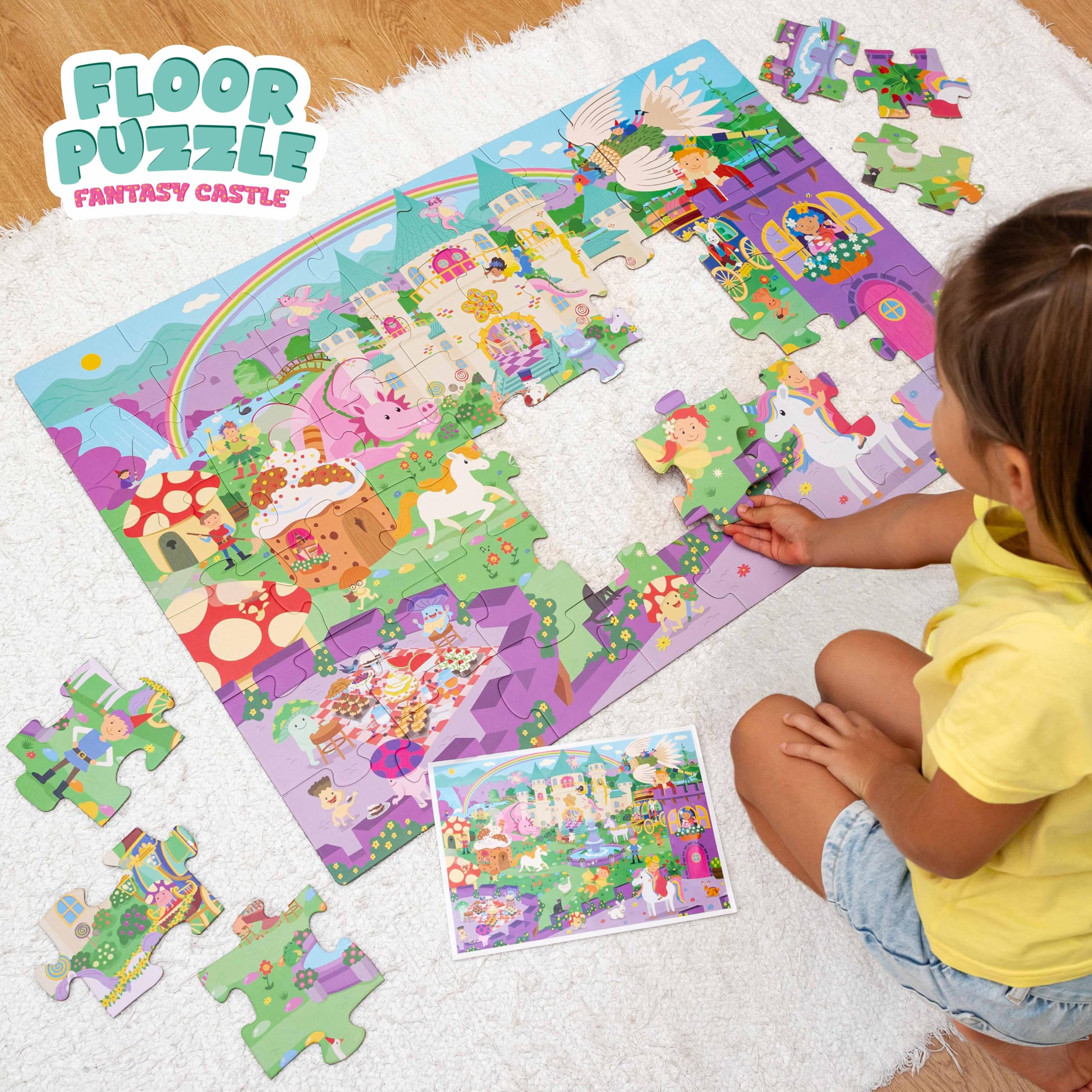 BONNYCO Puzzle Niños XXL Castillo de Fantasía con 48 Piezas Grandes. Rompecabezas Gigante Infantil de 92 x 62 cm, Regalos para Niñas y Niños. Juguetes Educativos 2 a 8 Años