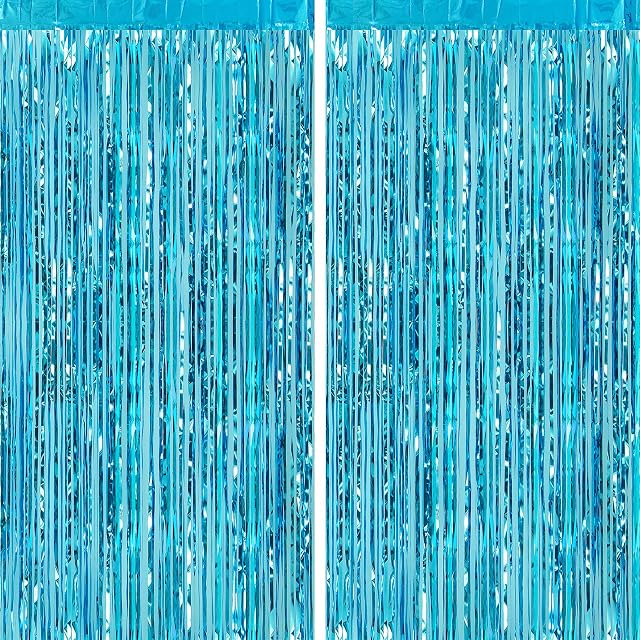 CHRORINE 2pcs 1m x 2.5m Light Blue Metallic Tinsel Foil Fringe Curtains Party Streamers Backdrop for Frozen Mermaid Birthday Baby Shower Bachelorette Bridal Shower Blue Party Decorations