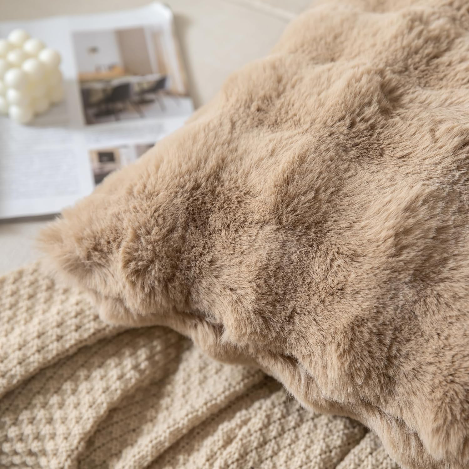 Pack of 2 Thick Plush Throw Pillow Covers Fluffy Wave Faux Fur Decorative Cushion Covers Soft Wool Pillowcase for Sofa Couch Livingroom 16x16 Inch Camel - Image 4