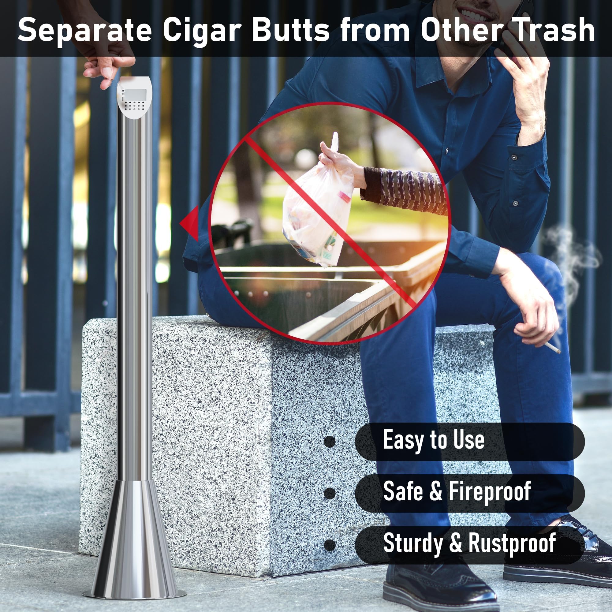 Edelstahl Stoßbehälter Entsorgung, Boden Standasche im Freien mit Schlüssel, gewerblicher Mülleimer für Wohnungen Büros Restaurants Bars Convenience-Stores, Silber 61 x 61 x 119 cm trash can