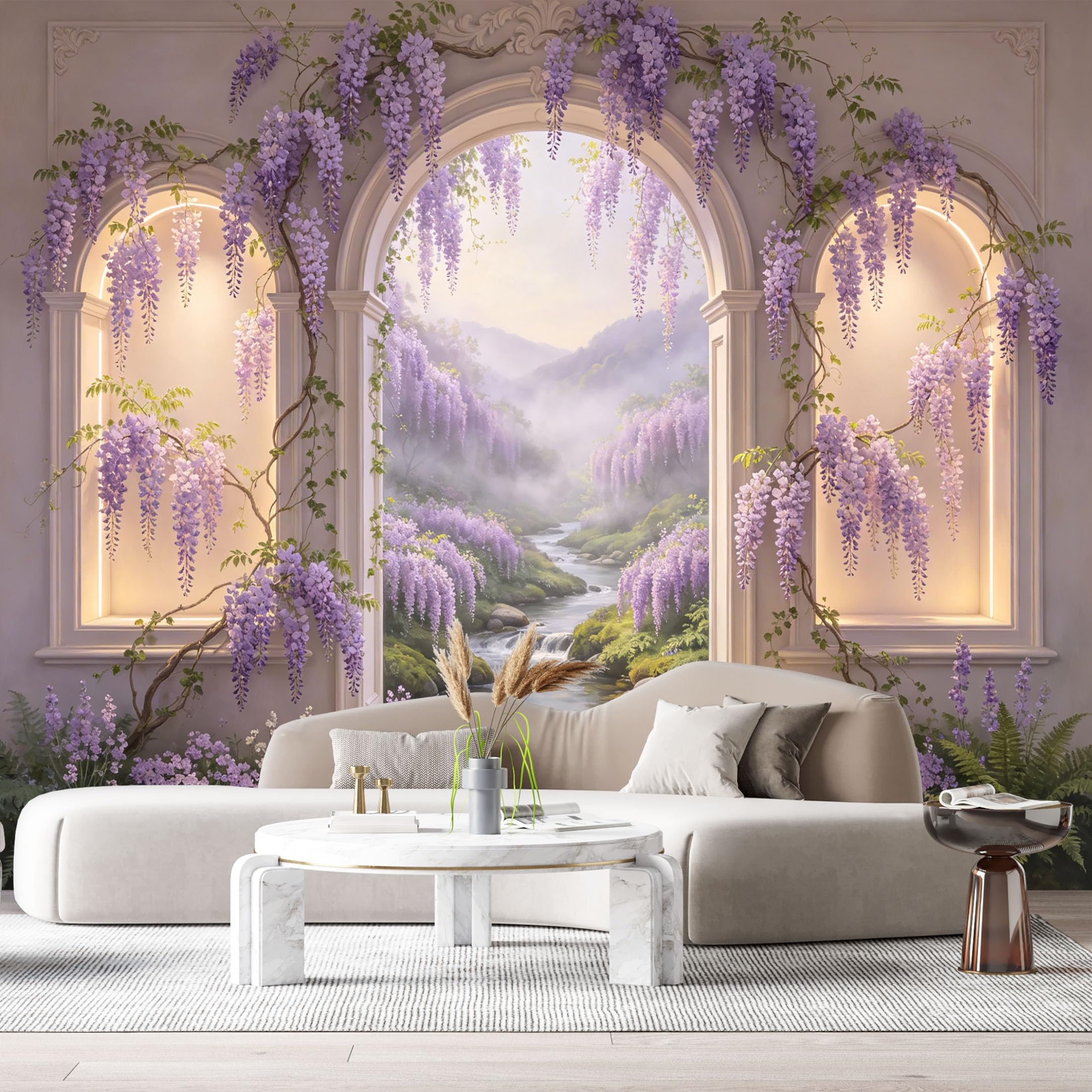 Custom Size Wall Murals Purple Wisteria Archway Stream Landscape 3D Trompe L'Oeil SelfAdhesiveWall Fabric Removable Wallpaper Wall Decor for Living Room Bedroom Bathroom