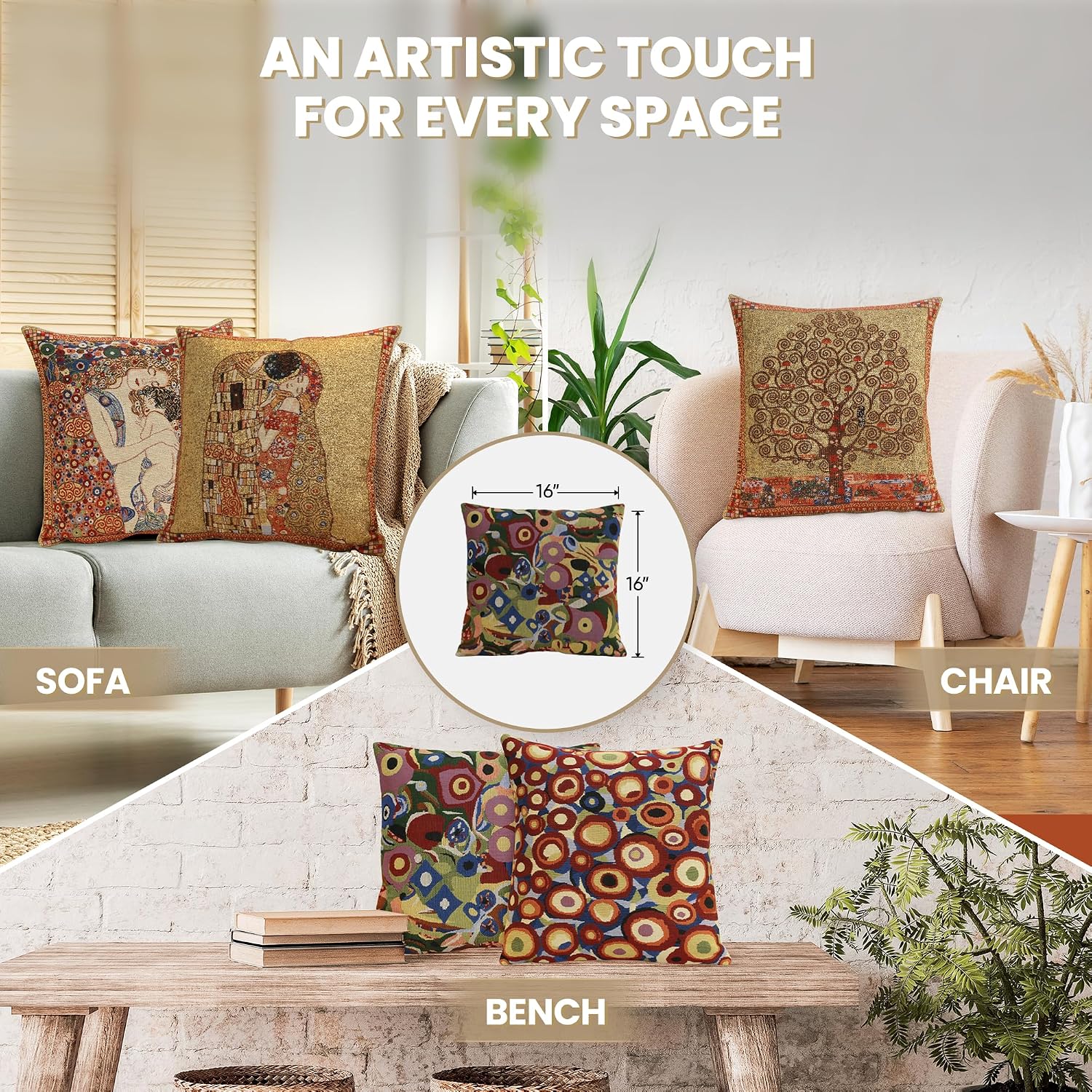 Charlotte Home Furnishings Decorative Pillow Covers for Bed 16x16 in, Tapestry Throw Pillow Cover for Couch and Living Room, Klimt Swirls Belgian Boho Sofa Cushion Cases, Soft Cotton Jacquard Woven