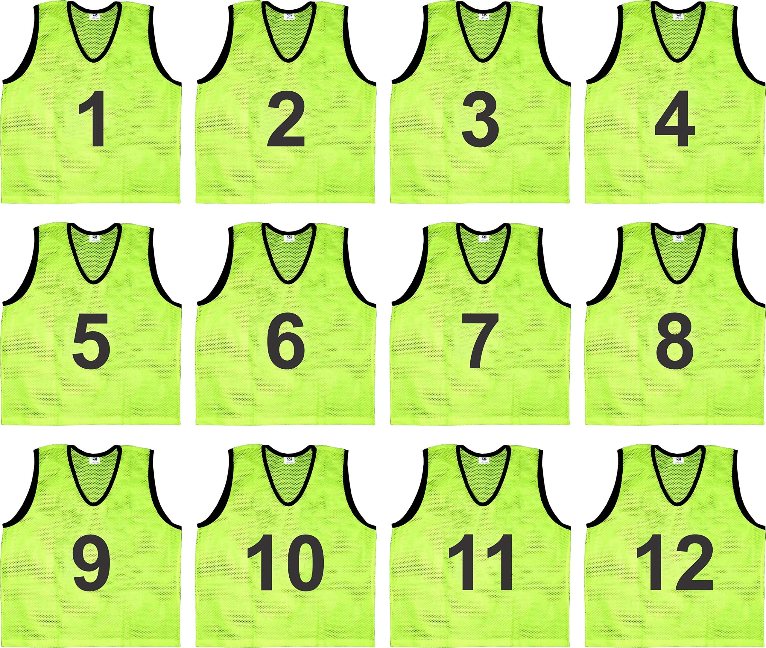 SAS SPORTS 1 to 12 Numbered Scrimmage Team Practice Vest, Training Bibs, Soccer Pinnies for Youth, Adult Fluro Green Color (F-Green, Large)