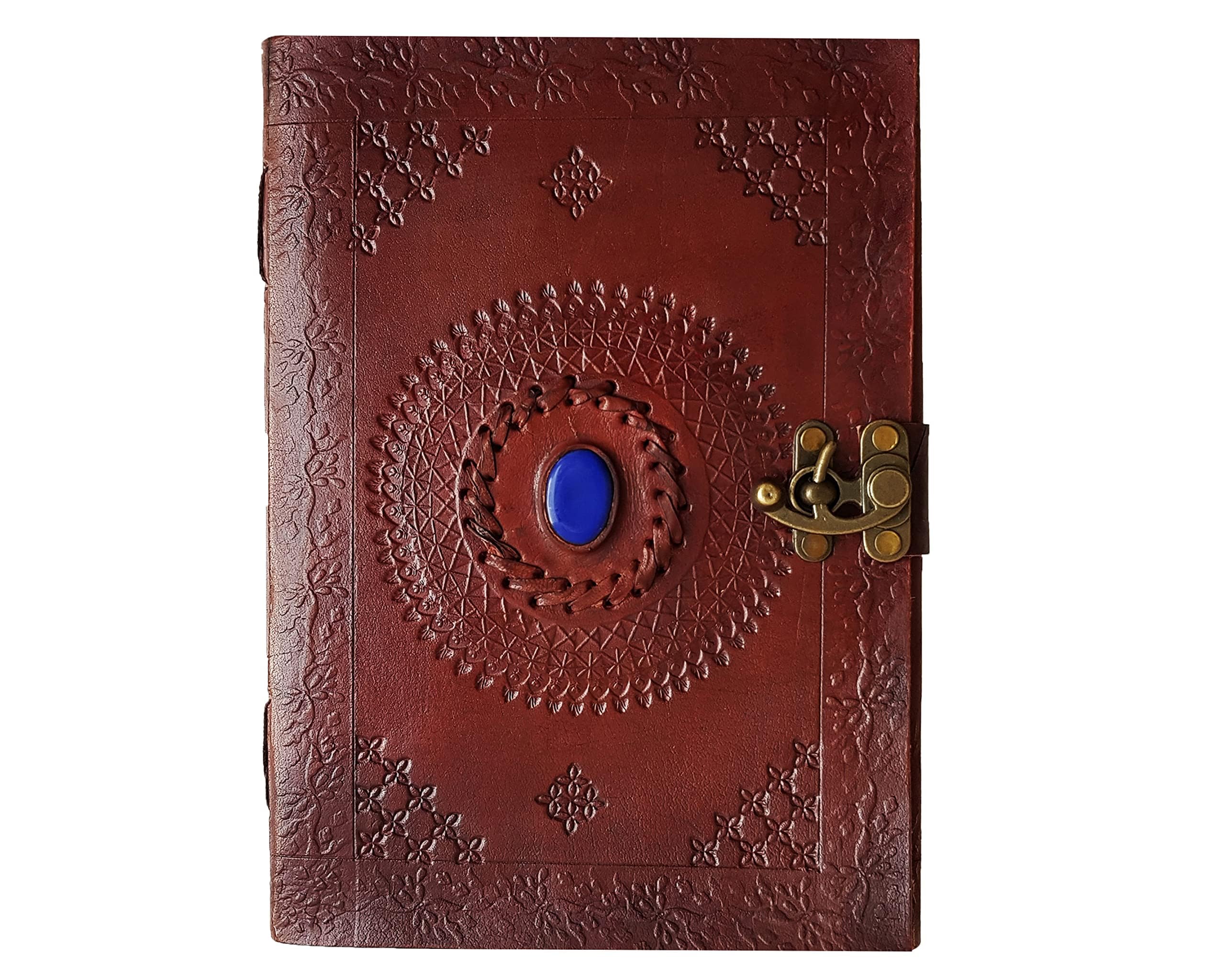 Jaald 23 cm Note Notebook Taccuino Foglie Diario Agenda Quaderno Album Fatto a Mano Copertina in Pelle Grimorio Diario note Bianco Chiusura fermaglio Personale Viaggio Regalo Vintage blu pietra
