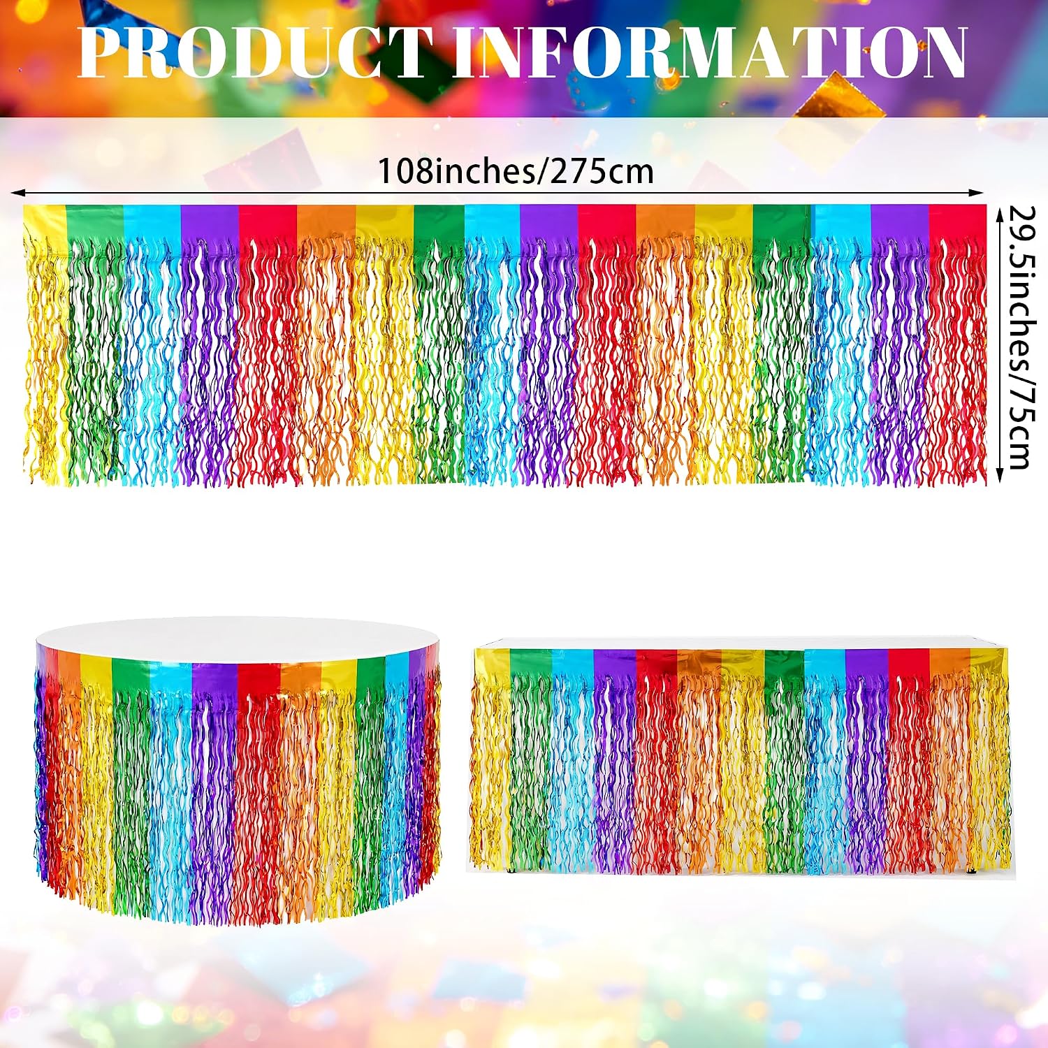 2 Pack Graduation Table Skirt Metallic Tinsel Foil Fringe Graduation Decorations for 2026 Graduation Party, Prom, Birthday, Mexican Themed Decorations 108x29.5 Inch (Rainbow)