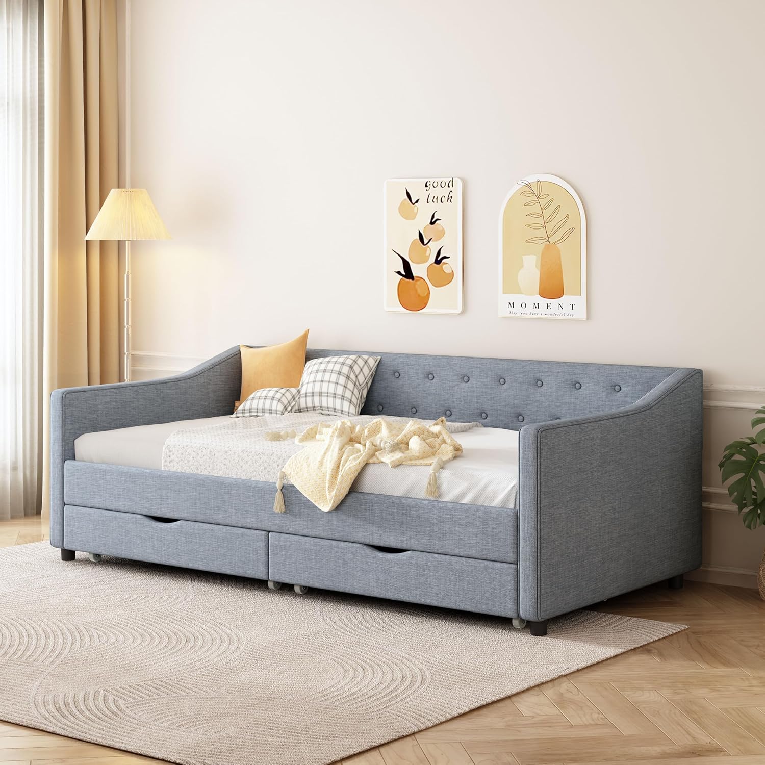 Twin Size Daybed with Drawers, Upholstered Tufted Sofa Bed with Button Back and Piping on Waved Arms, Modern Design for Bedroom, Living Room, Entryway, Light Grey, 81.10W x 42D x 28.50H in