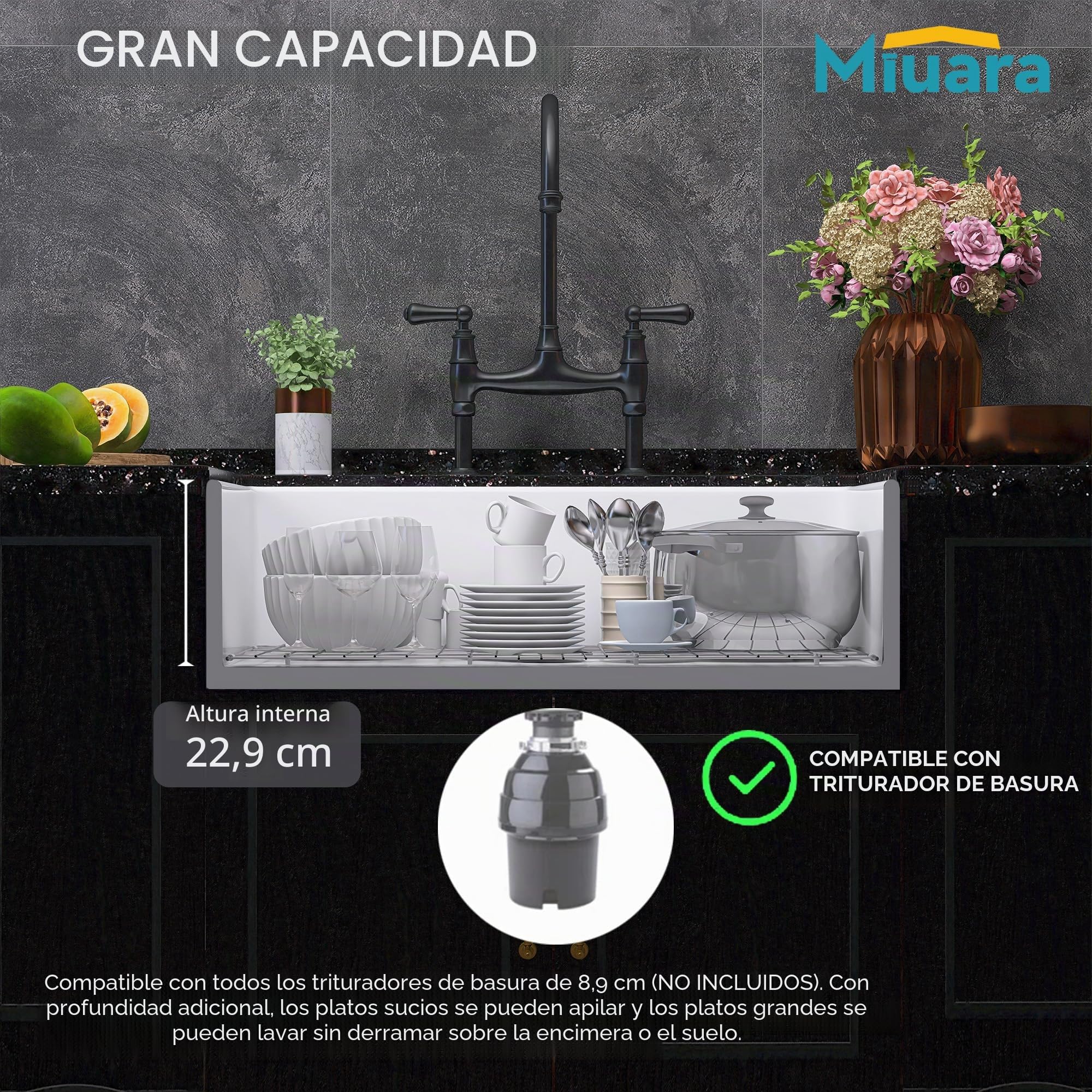 Miuara Fregadero de Granja de 33 Pulgadas - Fregadero de Cocina con Frente de Delantal Reversible 33"x18"x10", Instalación Bajo Encimera, Cuenco Individual de Estilo Casa de Granja, Arcilla