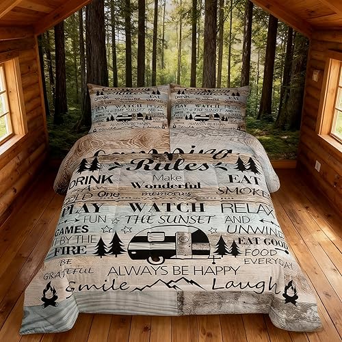 Juego de Edredón para Acampar Feliz para Niños Tamaño Individual, Juego de Ropa de Cama Rústica de Aventura de Granja y Cabaña, Decoración para