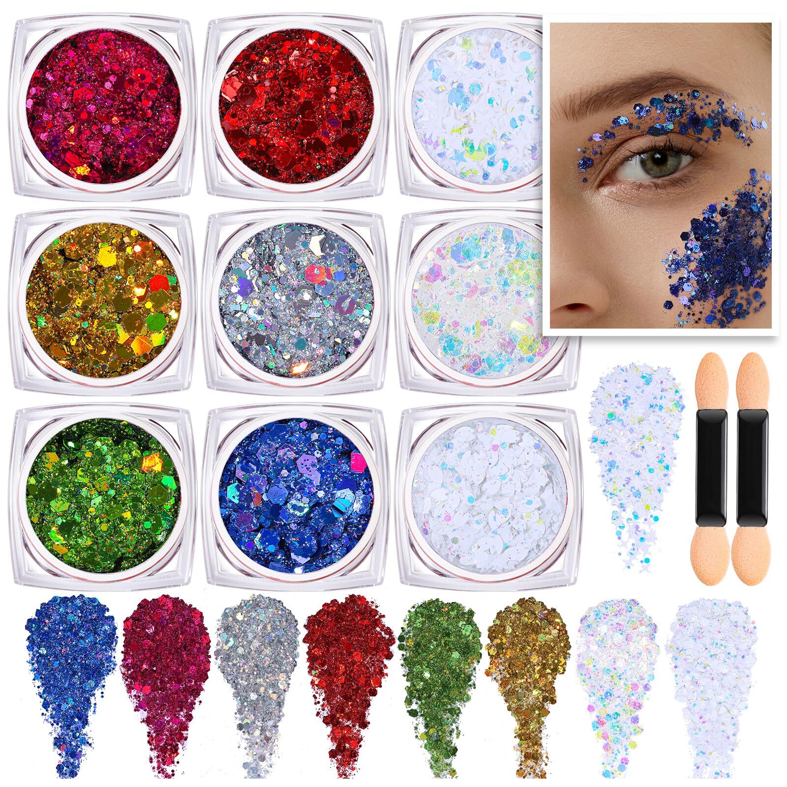 Teenitor Face Glitter, 9 Jars Body Glitter Gel, 9 Colors Makeup Gel Glitter for Face and Body, Hair Blue/Gold/Silver/Bright Red/Green/Rose Red/White