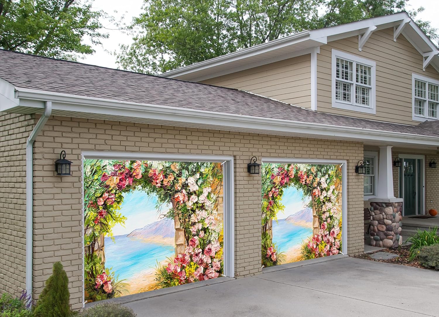7x8ft Floral Arch Seascape Oil Painting Garage Door Decoration Vivid Blooming Flowers Coastal View Canvas Art Home Decor Indoor Outdoor Aesthetic Garden Inspired Background