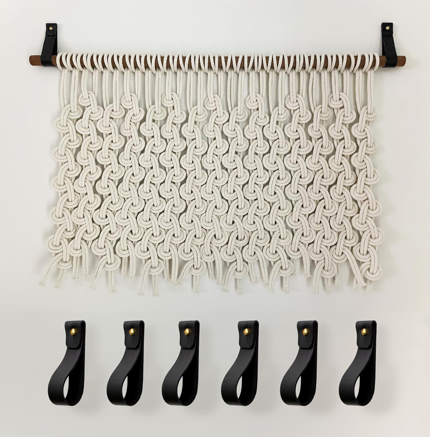 6PK Leather Curtain Rod Holder Bracket Hooks - Sustainably Sourced (Black, Steel Screws)