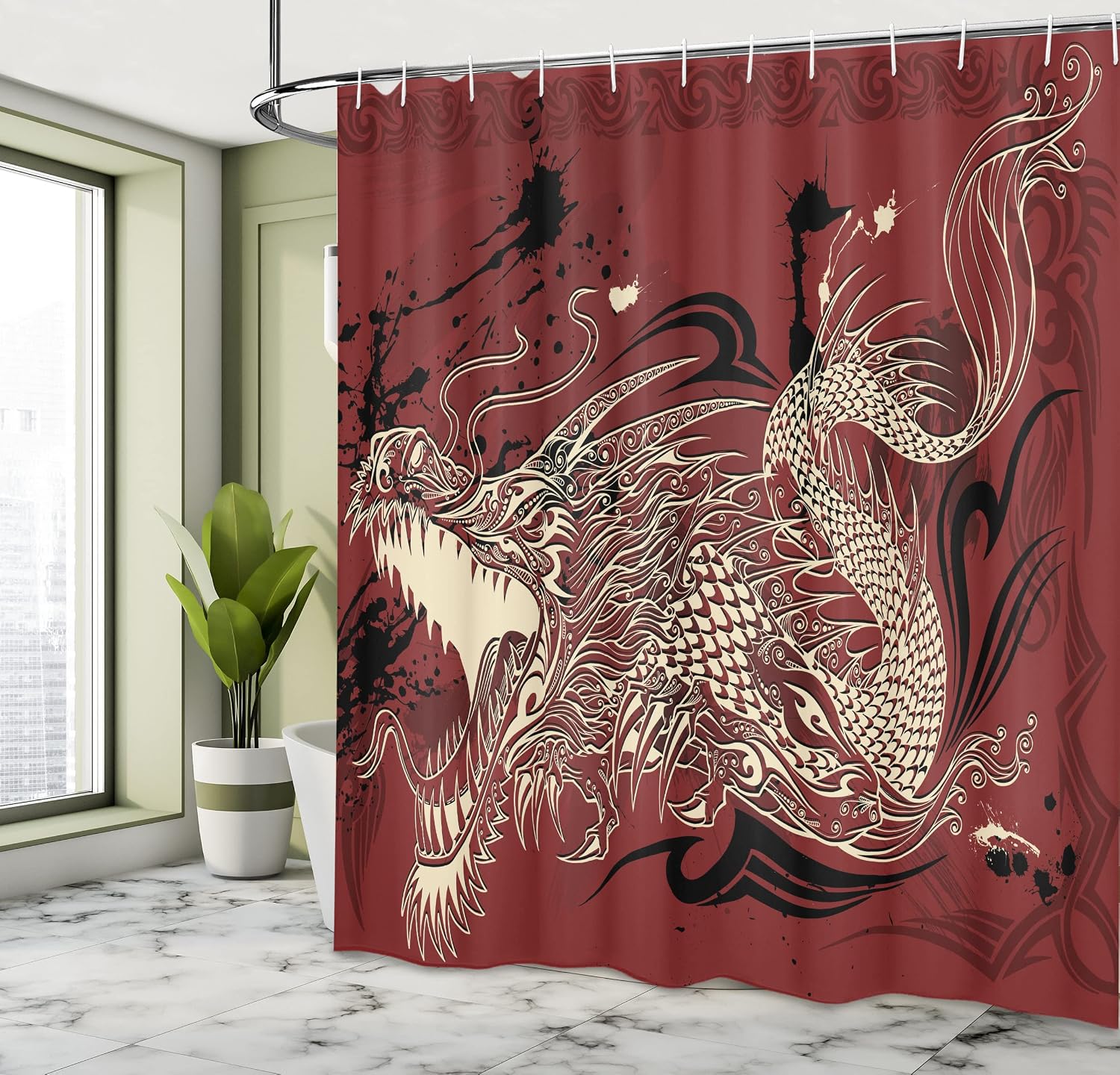 Ambesonne Dragon Shower Curtain, Angry Dragon Doodle on Grunge Background Japanese Eastern Ethereal Pattern Print, Cloth Fabric Bathroom Decor Set with Hooks, 69" W x 70" L, Ivory and Ruby