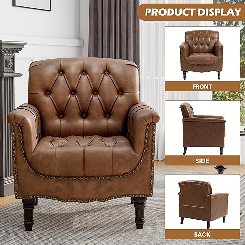 Miniatura 6 de UIXE - Juego de 2 sillas decorativas de cuero sintético, cómodo sillón tapizado para sala de estar, silla con botones decorativos y brazos, sofá