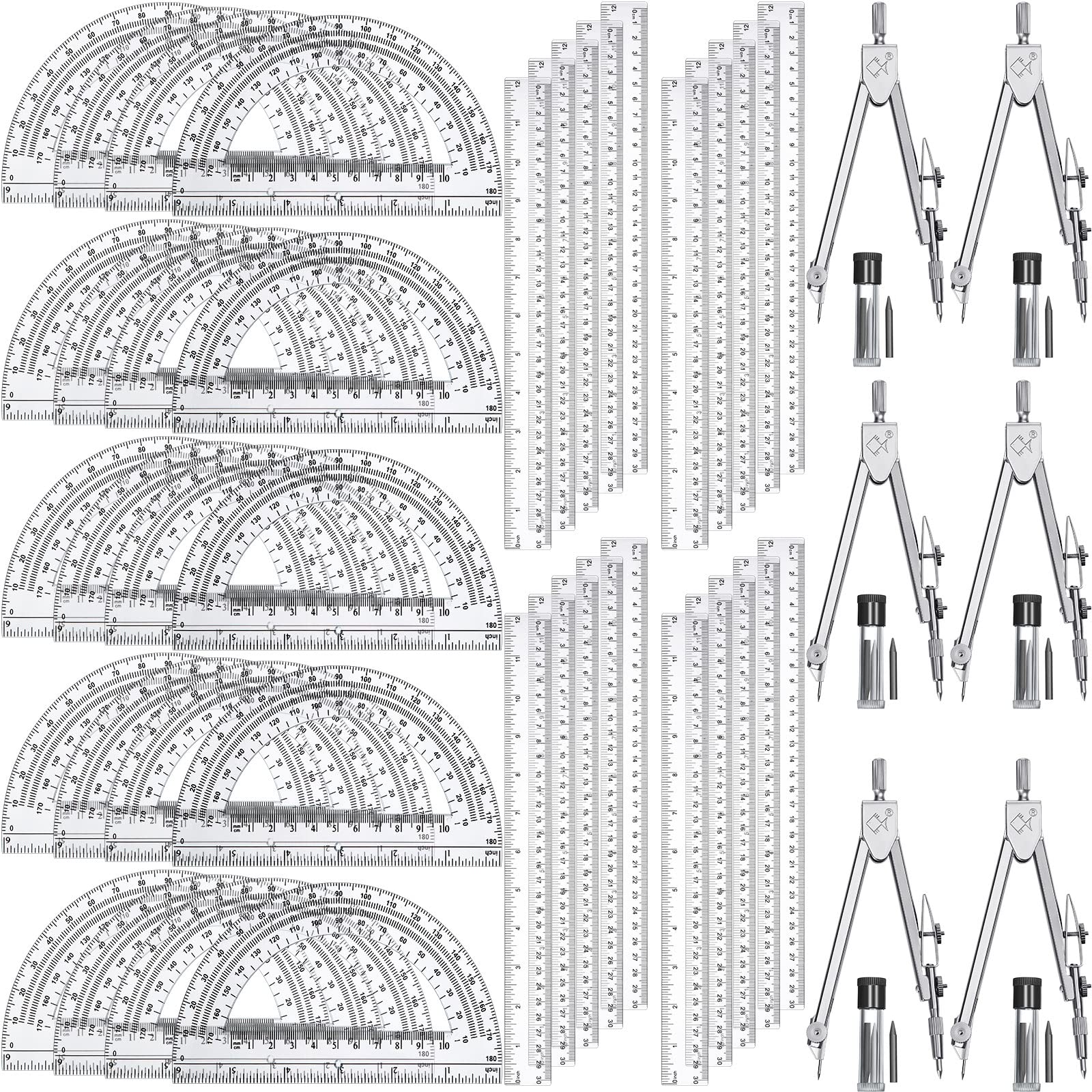 46 Pieces Plastic Protractor Ruler and Compass Sets 20 Math Protractors 20 Plastic Ruler Flexible Straight Ruler and 6 Compass 12 Inch Ruler 6 Inch 180 Degrees Protractors Student Geometry Math Set