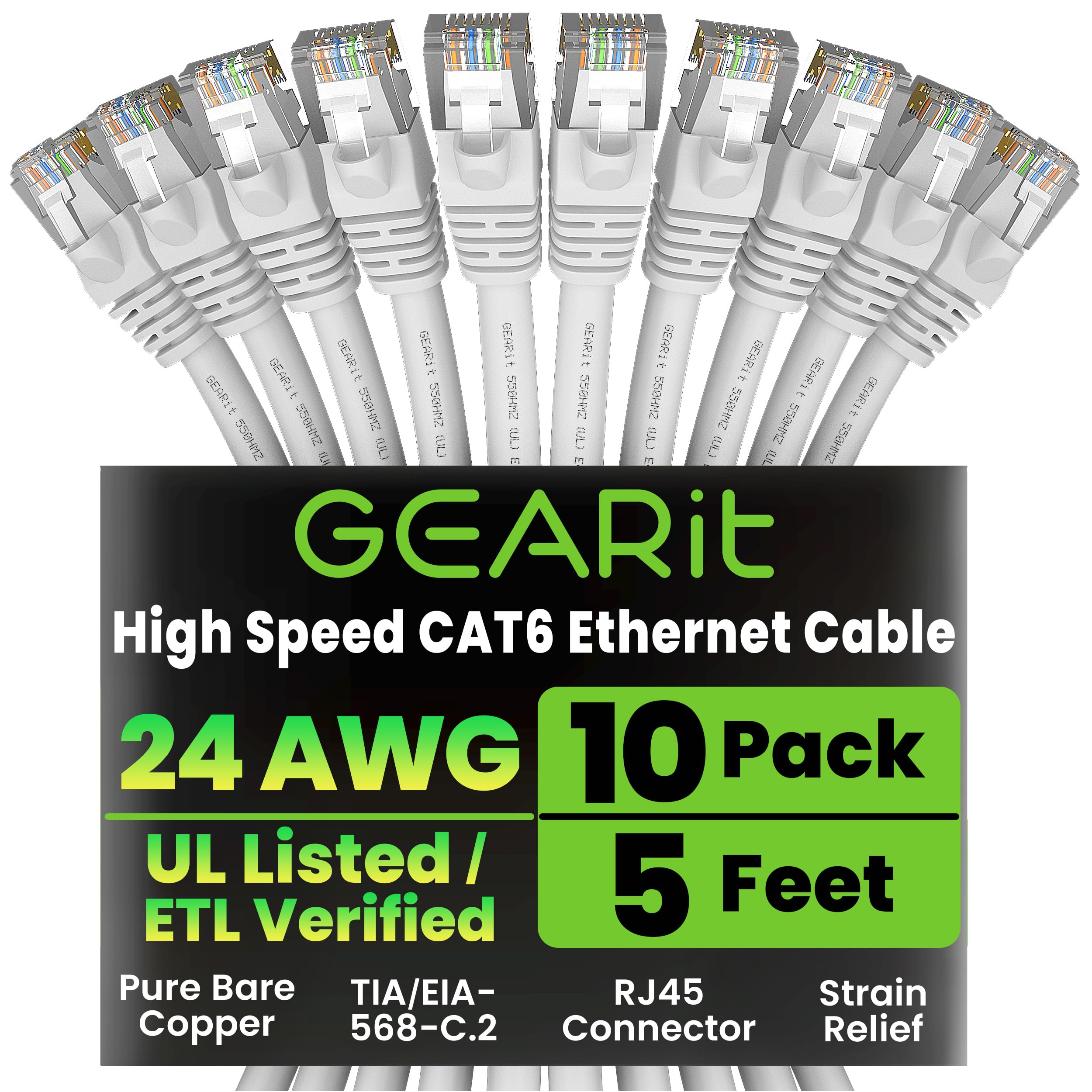 GEARit Cat 6 Ethernet Cable (10-Pack 5 Feet) Cat6 Network Patch, 10Gbps, RJ45, Snagless Cord, Gold-Plated Connectors, Internet for PC, TV, Tablet,