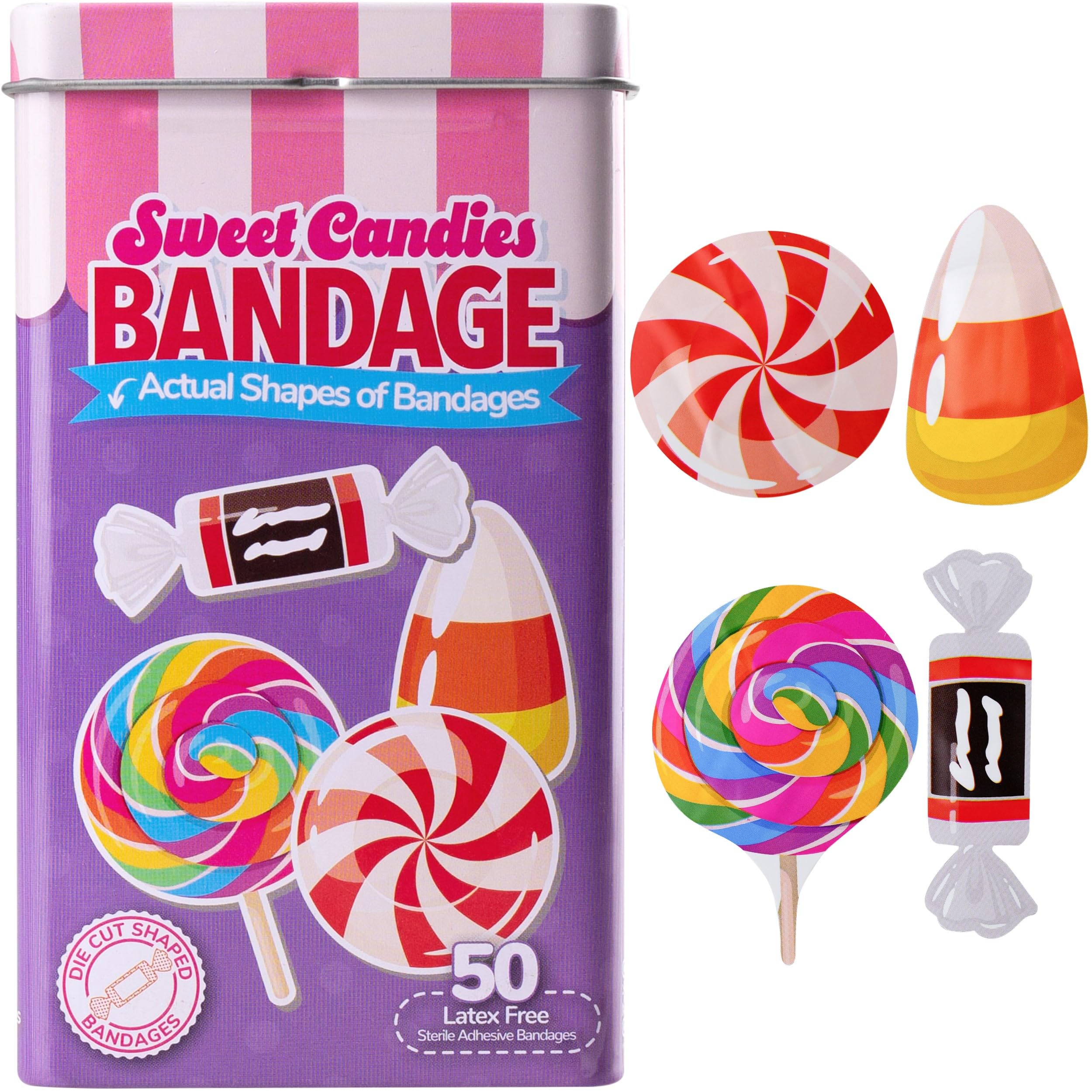 BioSwiss Bandages, Sweet Candies Shaped Self Adhesive Bandage Set, Latex Free, Sterile Wound Care, 50 Count