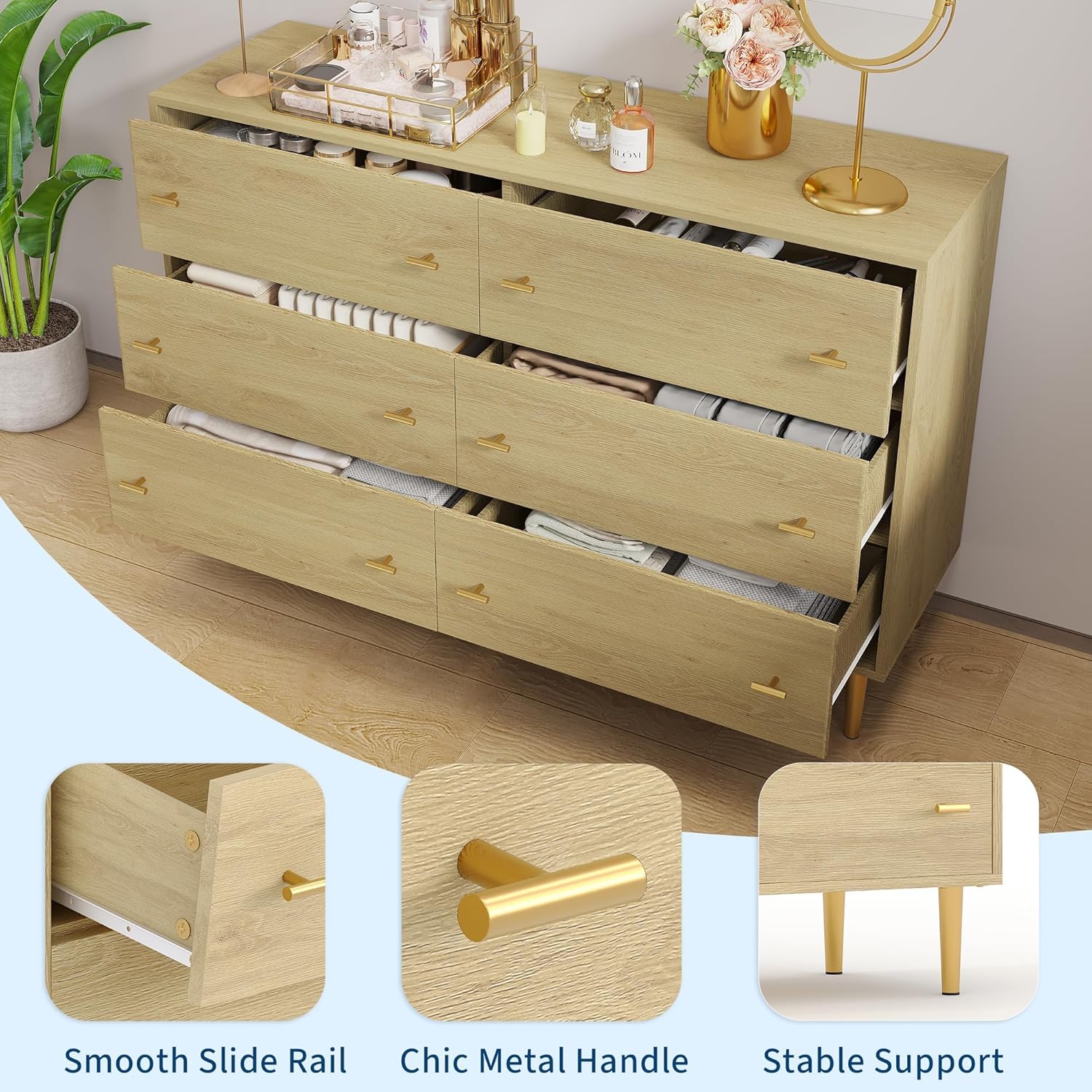 Garvee 6 Drawers Dresser for Bedroom, 47.2" Wide Solid Pine Wood with Bar Handles, Wooden Double Dressers with Six Large Drawers for Living Room, Hallway