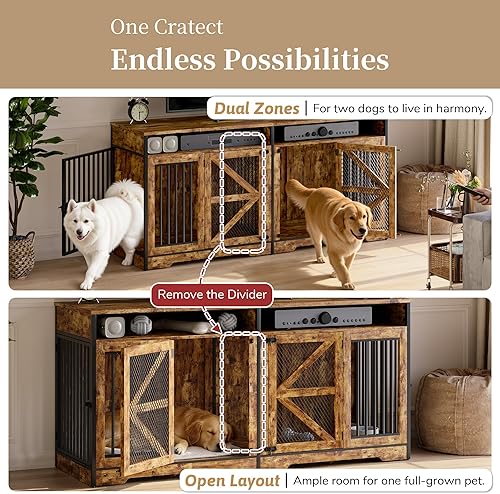 Miniatura 3 de Donox Mueble de jaula para perros para 1 o 2 perros, doble perrera con divisor extraíble y puertas dobles, mesa consola de madera resistente