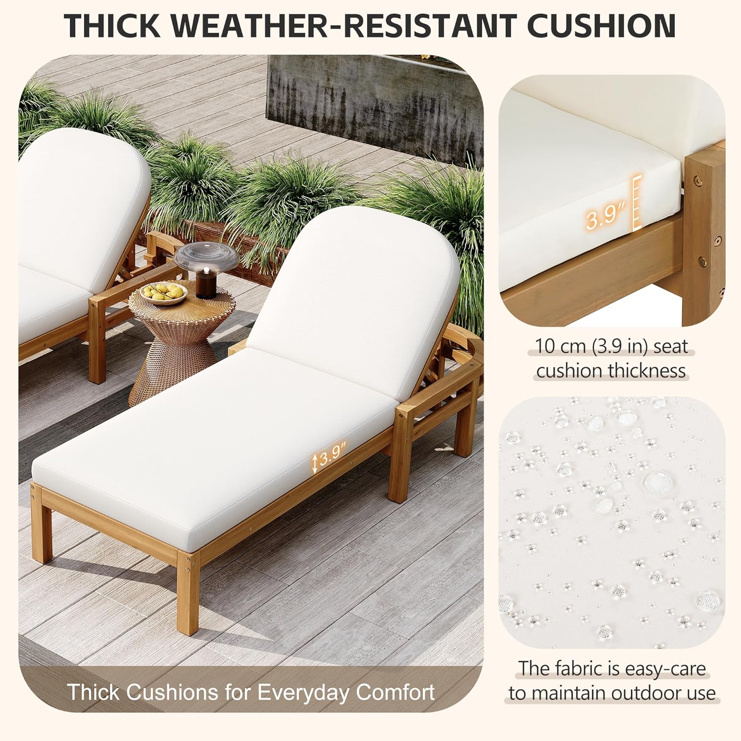 KLMM Outdoor Chaise Lounge Set of 2,Acacia Wood Patio Recliner with Arched Backrest, 5-Position Adjustable Backrest,for Poolside, Backyard, Deck & Lawn (Light Teak-lc)