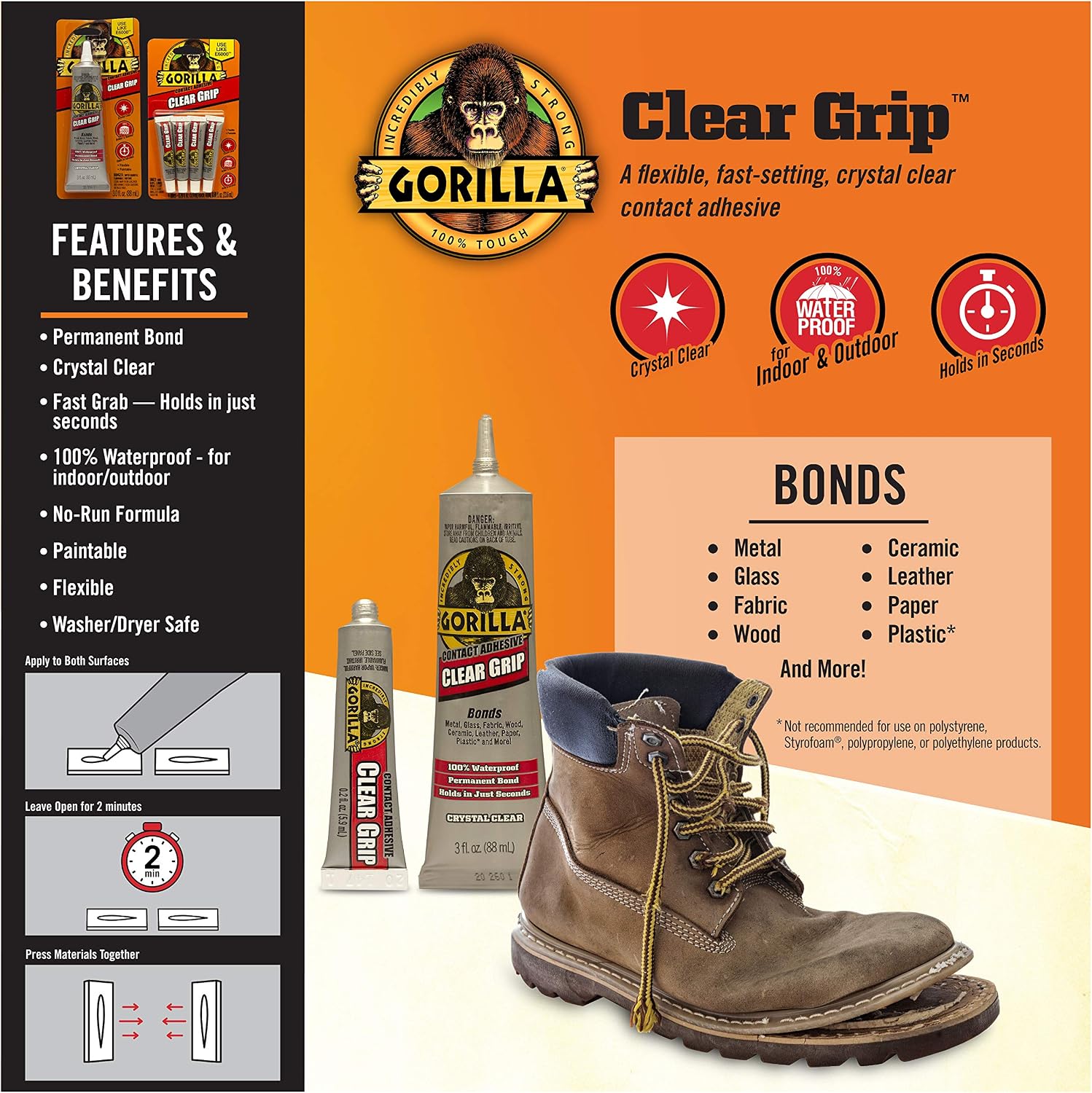 Gorilla Clear Grip Waterproof Contact Adhesive, , 3 Ounce, Clear, (Pack of 2)