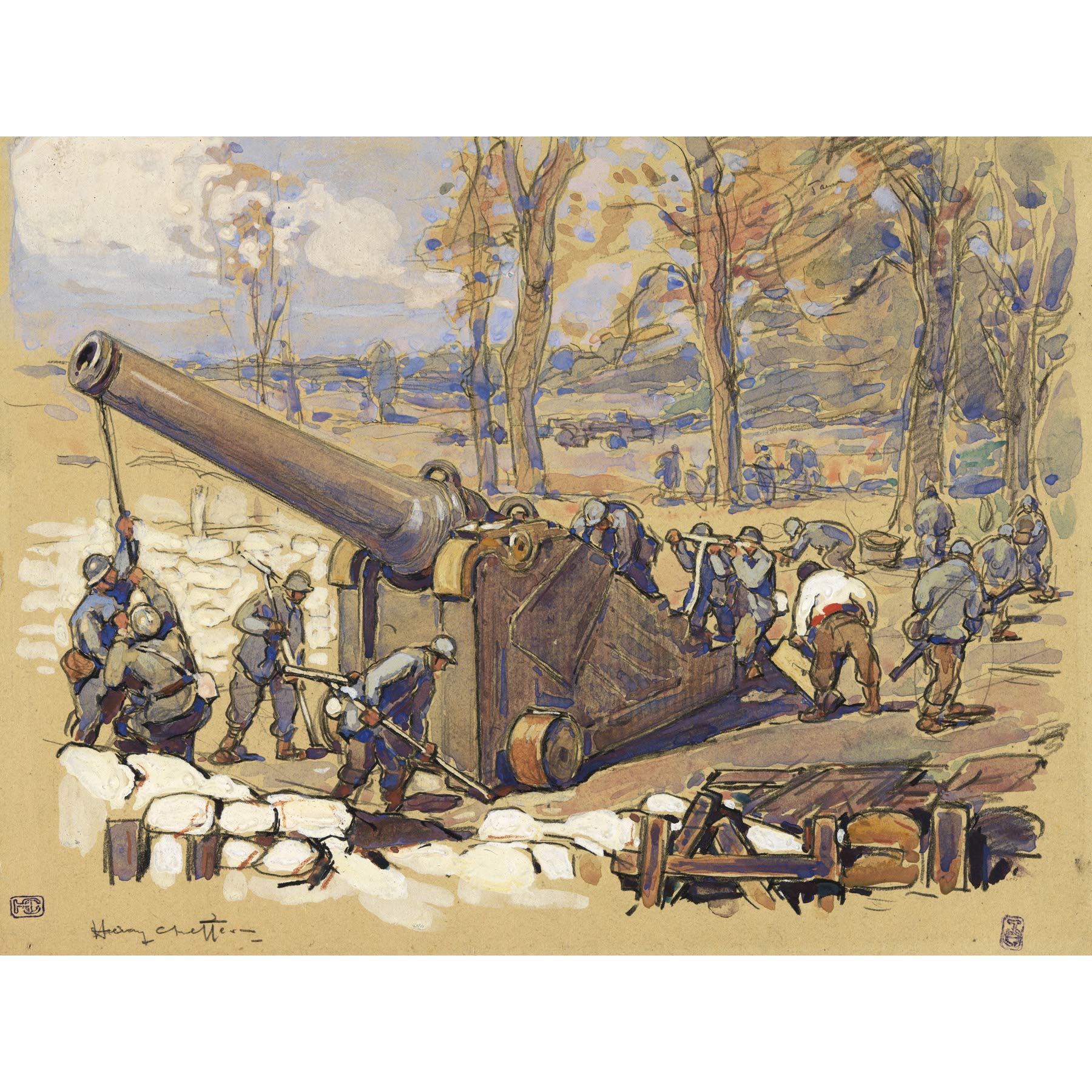 Cheffer Artillery Soldiers Cannon Gun WWI War Painting Large Print Poster Wall Art Decor Picture