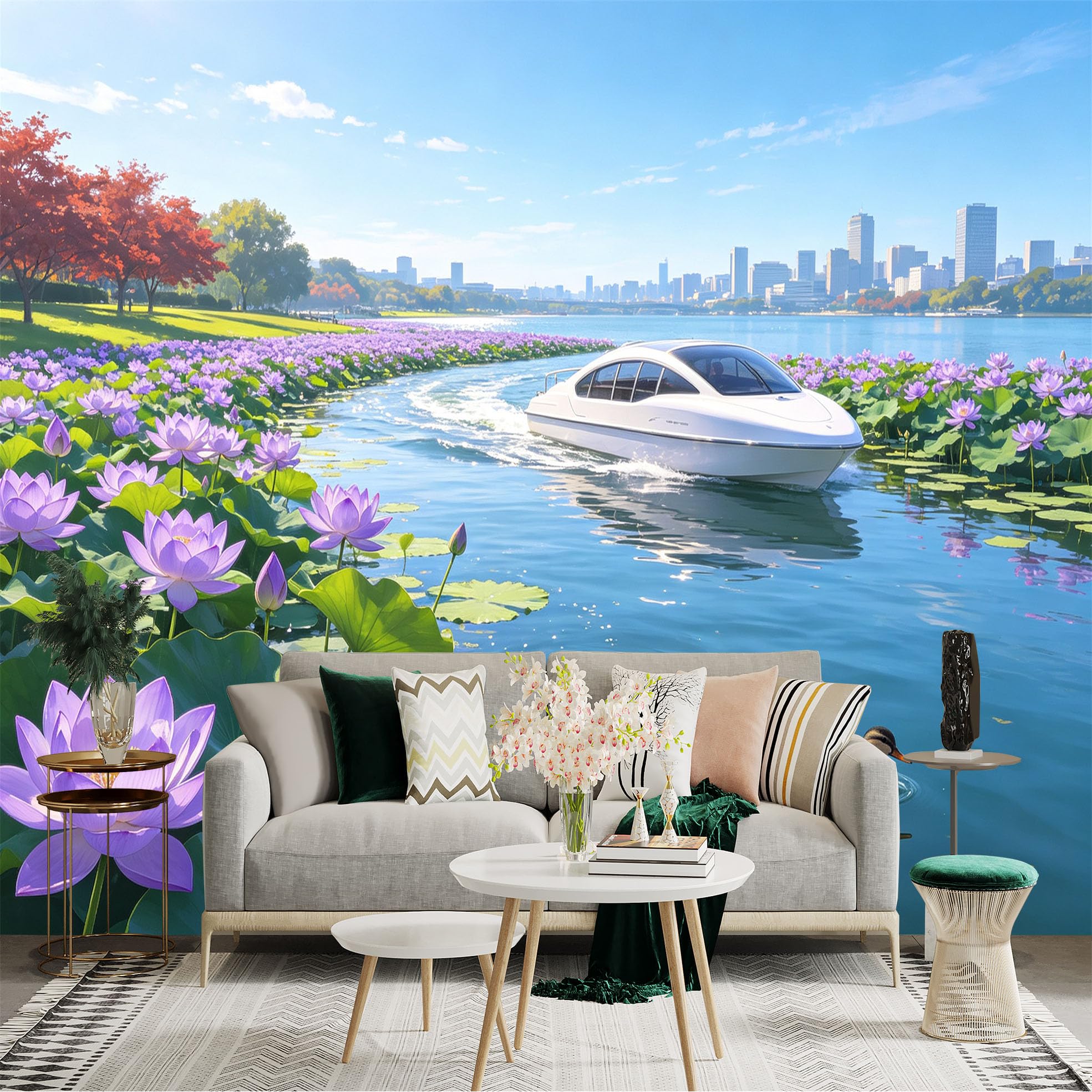 Custom Size Wall Sticker Mural， Modern Motorboat on Lotus Pond， Vibrant Flowers and City Skyline， Nature Landscape Scene， for wall Decoration， peelandstick wall Decals.