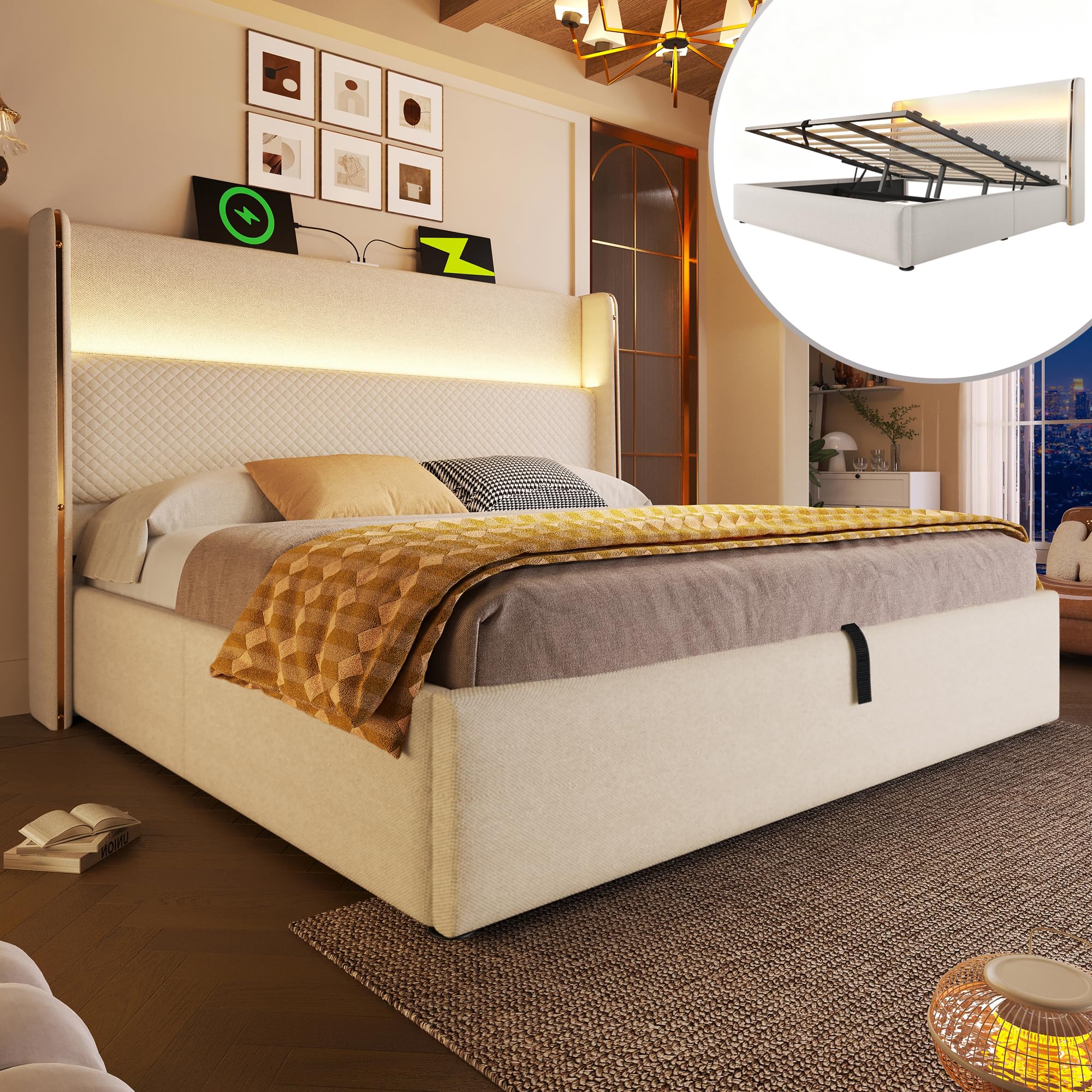 Cama Tapizada 180x200 Cama Canapé Cabecero Alto con Superficie de Lino Cama Doble Marco Encastrado Alrededor del Colchón Tapizado de Lino Cabecero Acolchado Dormitorio Beige