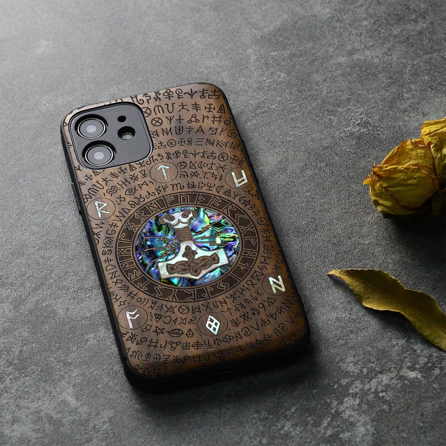 Carveit Designer Wooden Protective Case for iPhone 12 Magnetic Cover [Wood Engraving & Shell Inlay] Wood Phone Case Compatible with iPhone 12 MagSafe (Thors Hammer-Walnut)