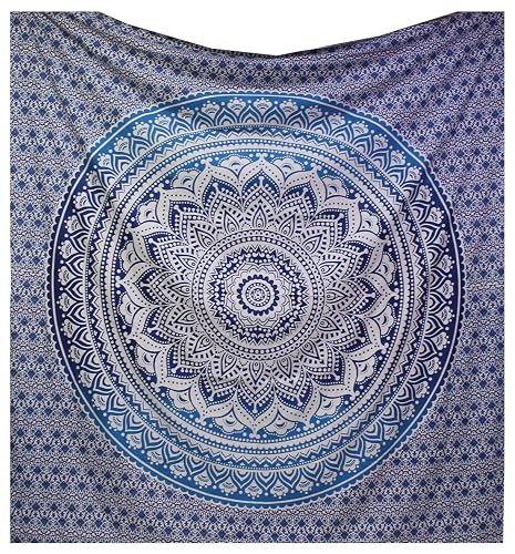 raajsee Large Blue Ombre Mandala Tapestry Wall Hanging,Indian Cotton Beach