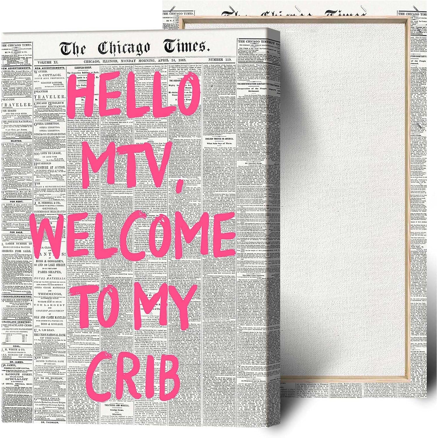 Retro Hello Mtv Welcome To My Crib Posters Pink Font Newspaper Canvas Wall Art Positive Affirming 70'S Room Aesthetic Prints Painting For Home Bedroom Dorm Wall Decor 16x24in Wframed