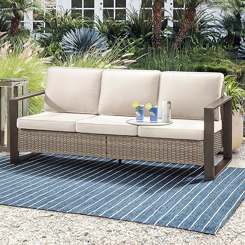 Miniatura 7 de Joyside Sofá de mimbre para patio al aire libre, sofá de ratán de 3 plazas con cojines gruesos de olefina y reposabrazos rectangular con marco de