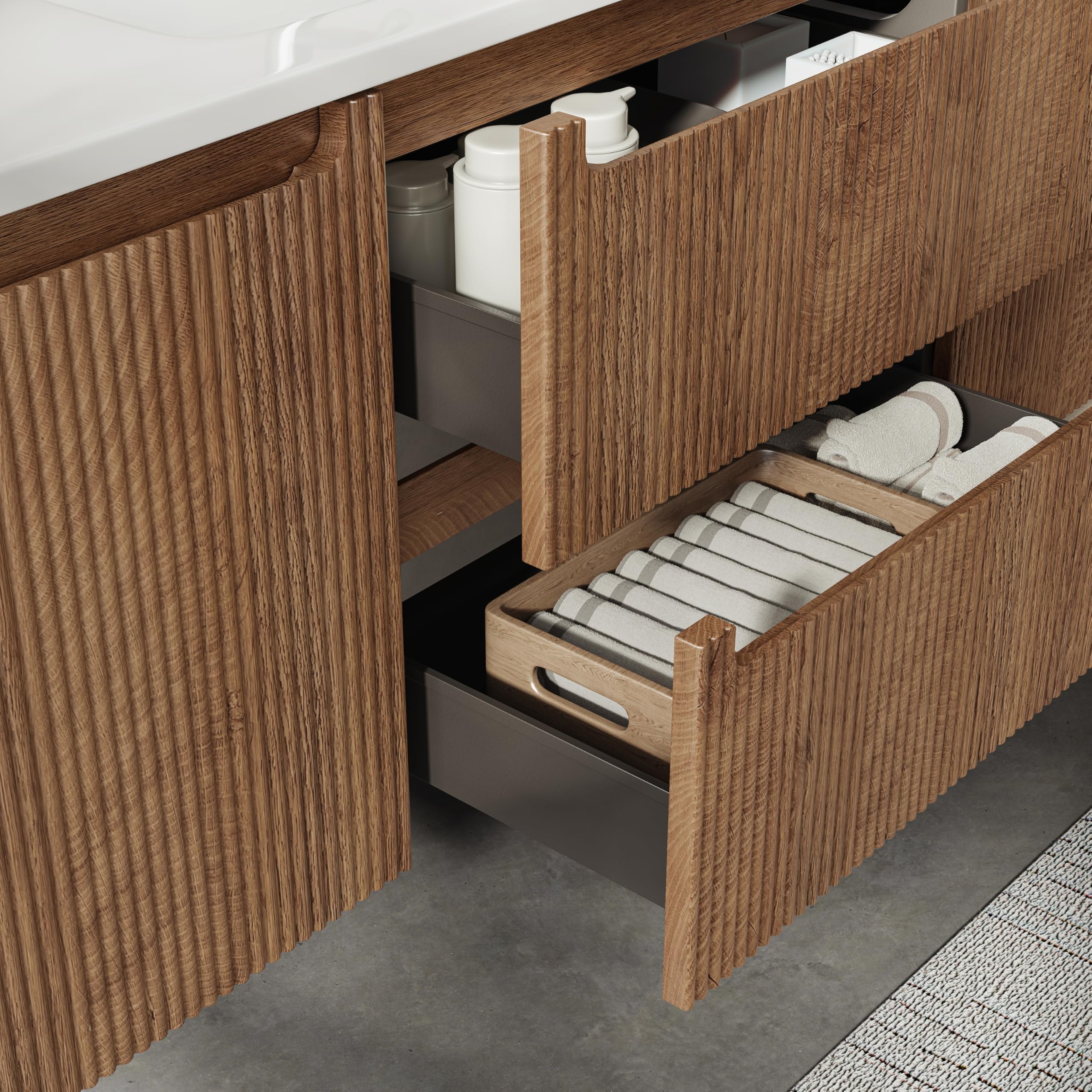 120 cm Wandwaschtisch Mit Mineralharzspüle, 2 Schubladen Und Türen, Ultradünn, Soft-Close, Geriffelt, Forest Walnut