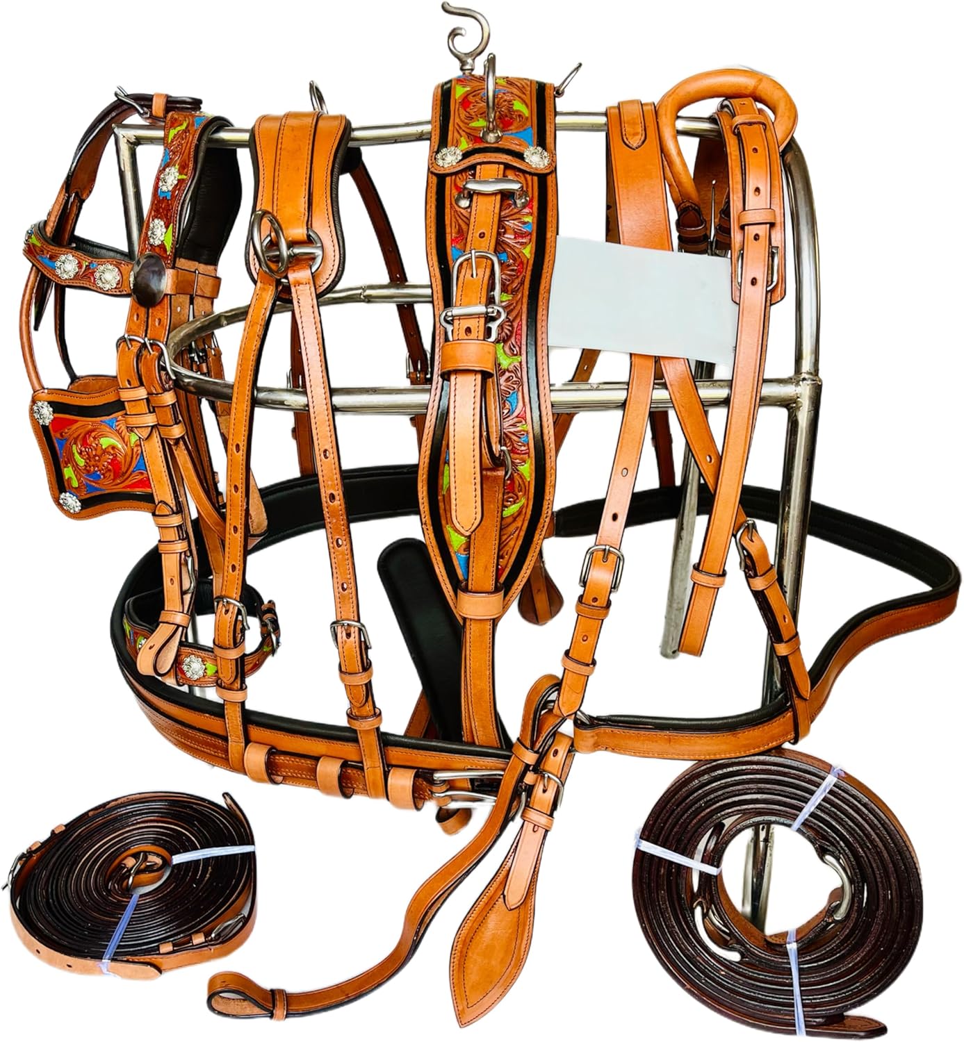 Full Grain Leather Single Horse Driving Harness Carriage Buggy Hand Tooled Western Style Padded Set Stainless Steel Hardware Fully Adjustable Full Cob Pony Shetland