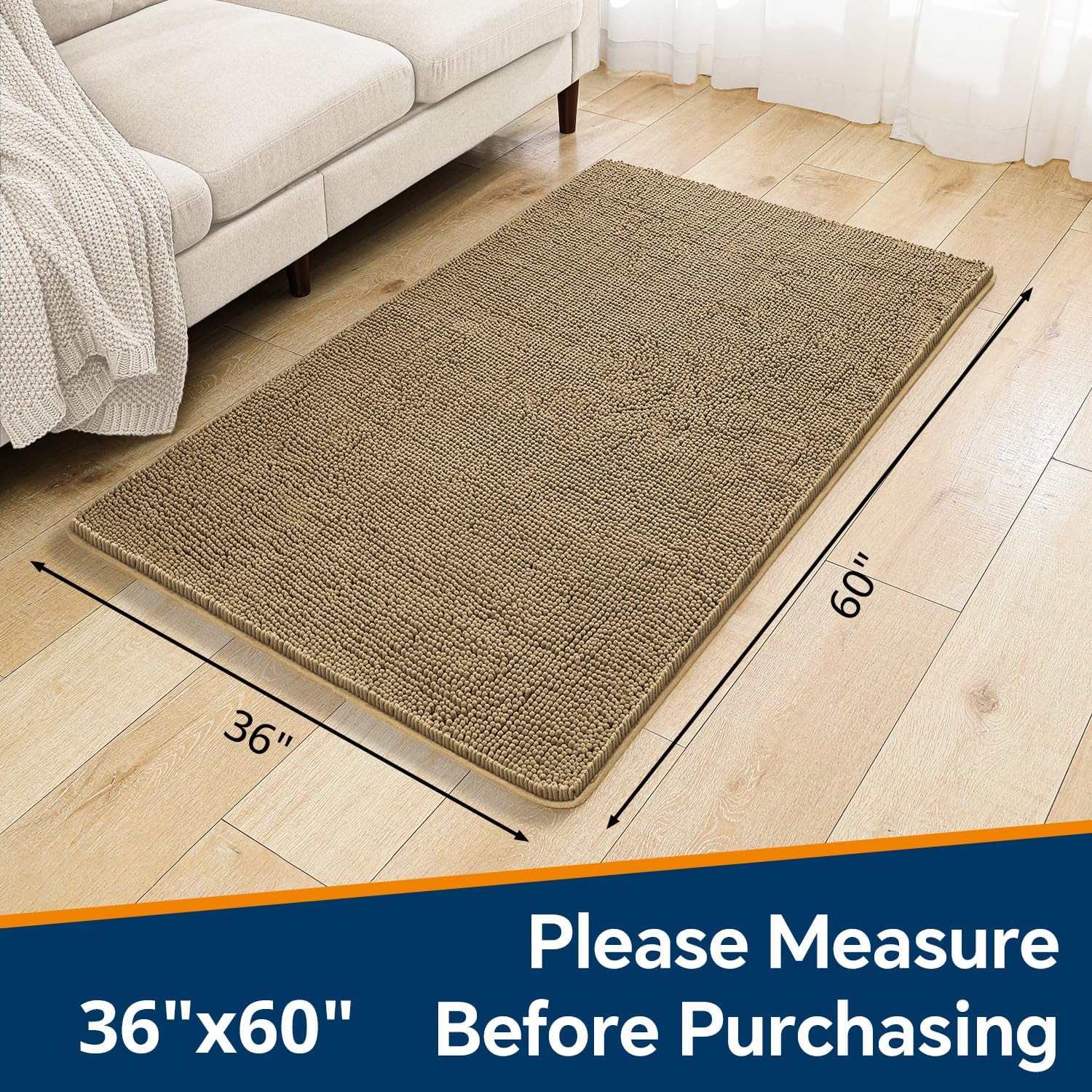 Beige Bathroom Rugs 36"x60" - Large Plush Chenille Non-Slip Runner Bath Mat - Absorbent, Washable, Soft Decor for Shower, Sink, Tub, Floor, Home Accessories