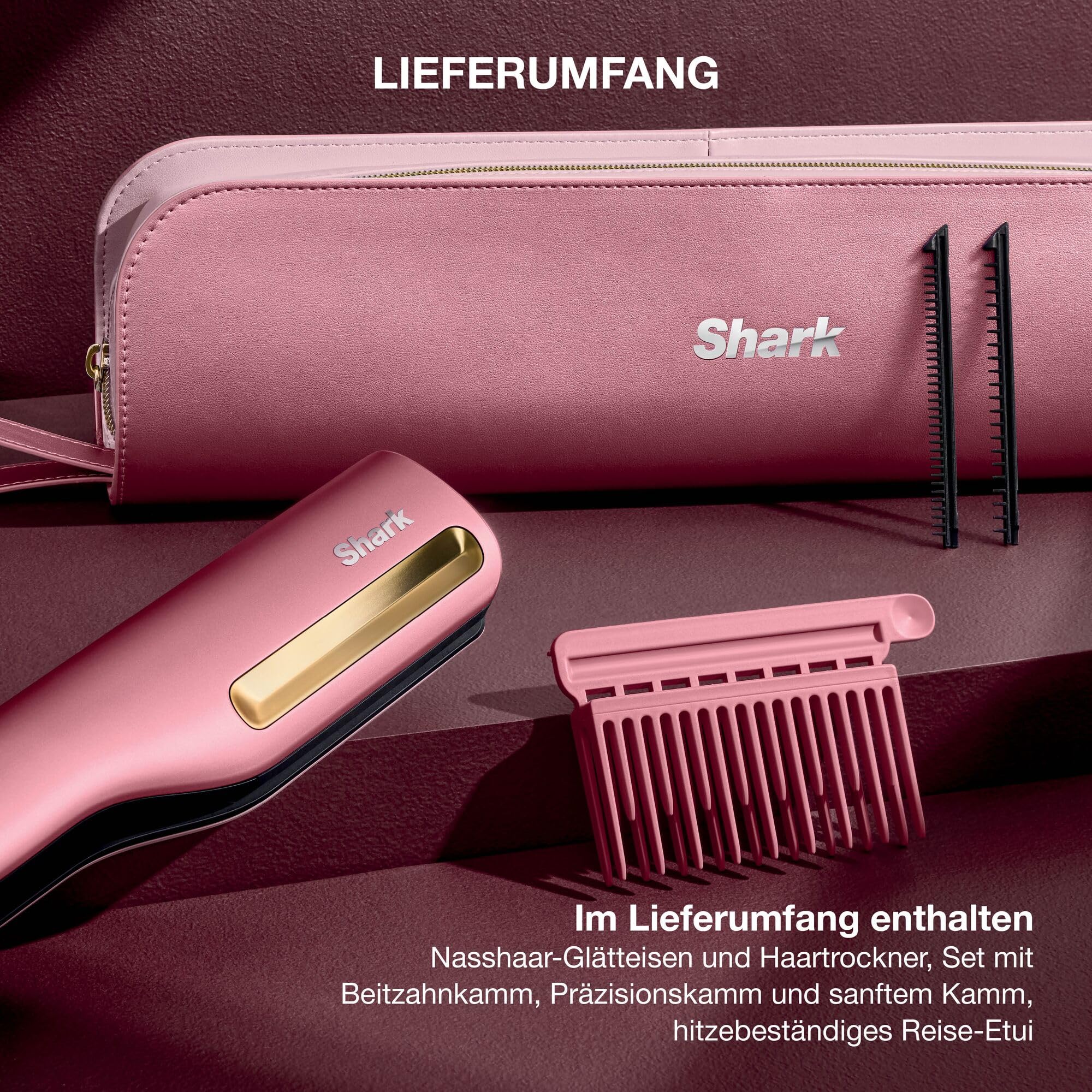 Shark SilkiPro Straight Glätteisen + Haartrockner, Rosa [HT401EUPK] | mit hitzebeständiger Aufbewahrungsbox – Rosa [HT401EUPK]