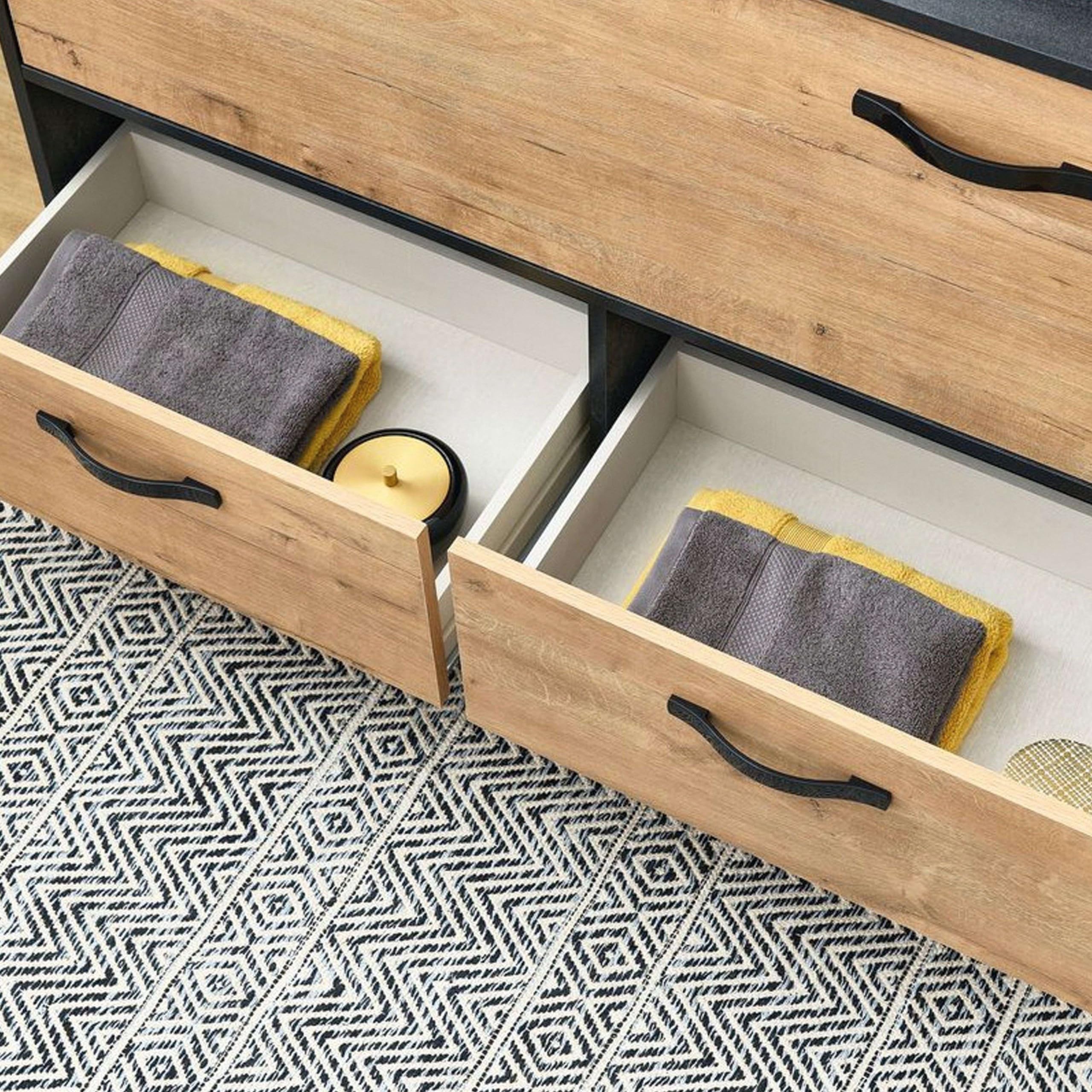 Muebles Pitarch | Mobile da bagno doppio, larghezza 120cm, industriale, Nero e Rovere Gold, con struttura a piedi, 2 cassetti e 1 porta, per lavabi da appoggio, modello Sena