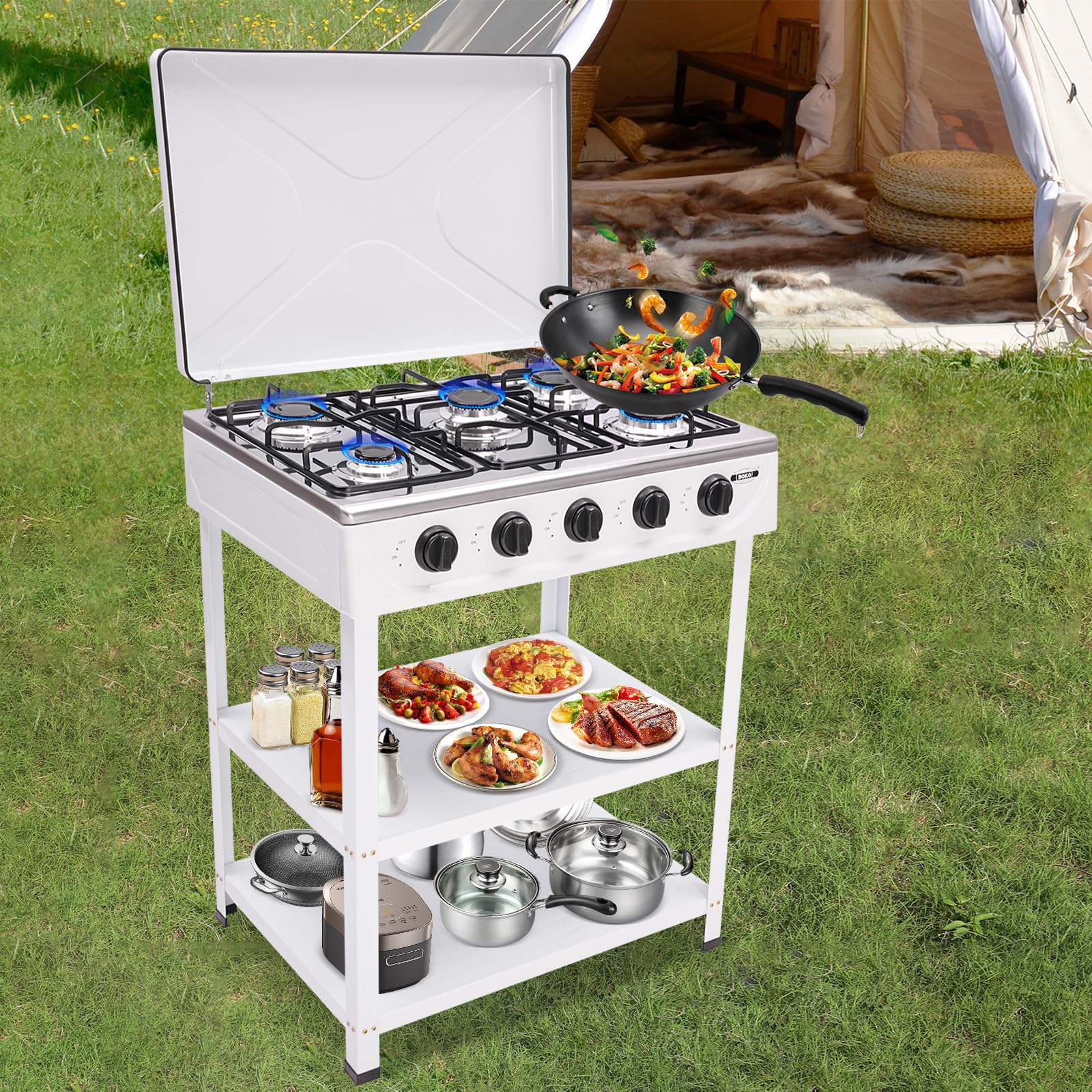 Fornello a gas naturale da campeggio autoportante, 5 bruciatori, fornello da campeggio portatile per cucina all'aperto con 2 ripiani, 2,5 KW, per camper, campeggio (bianco)